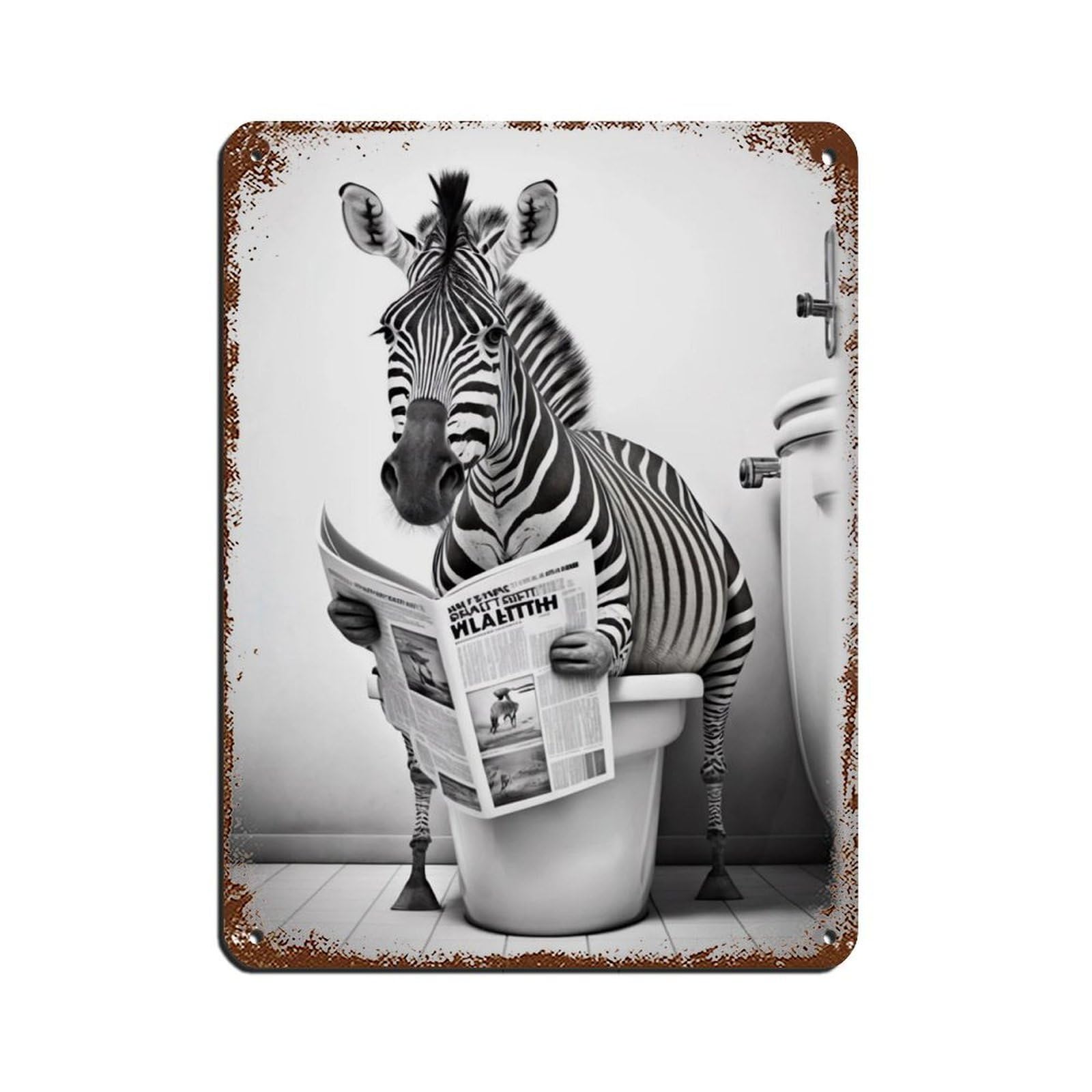 Zebra Sitting on The Toilet Reading A Newspaper Retro Poster Metal Tin Sign Chic Art Retro Iron Painting Bar People Cave Cafe Family Garage Poster Wall Decoration 12x16inch(30x40cm)