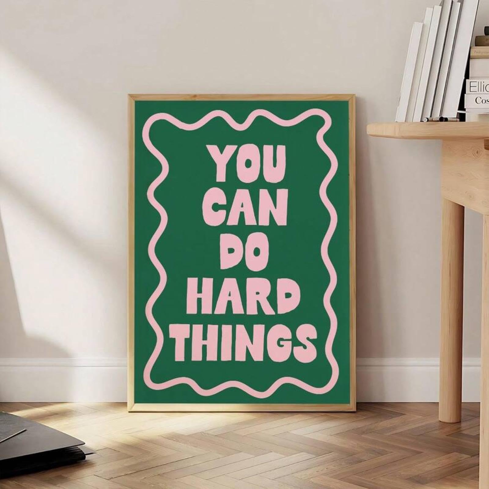 XINBAO Arte murale, stampa su tela You Can Do Hard Things, poster rosa e verde, poster di affermazione con promemoria giornaliero, camera da letto femminile 80x110 cm con cornice