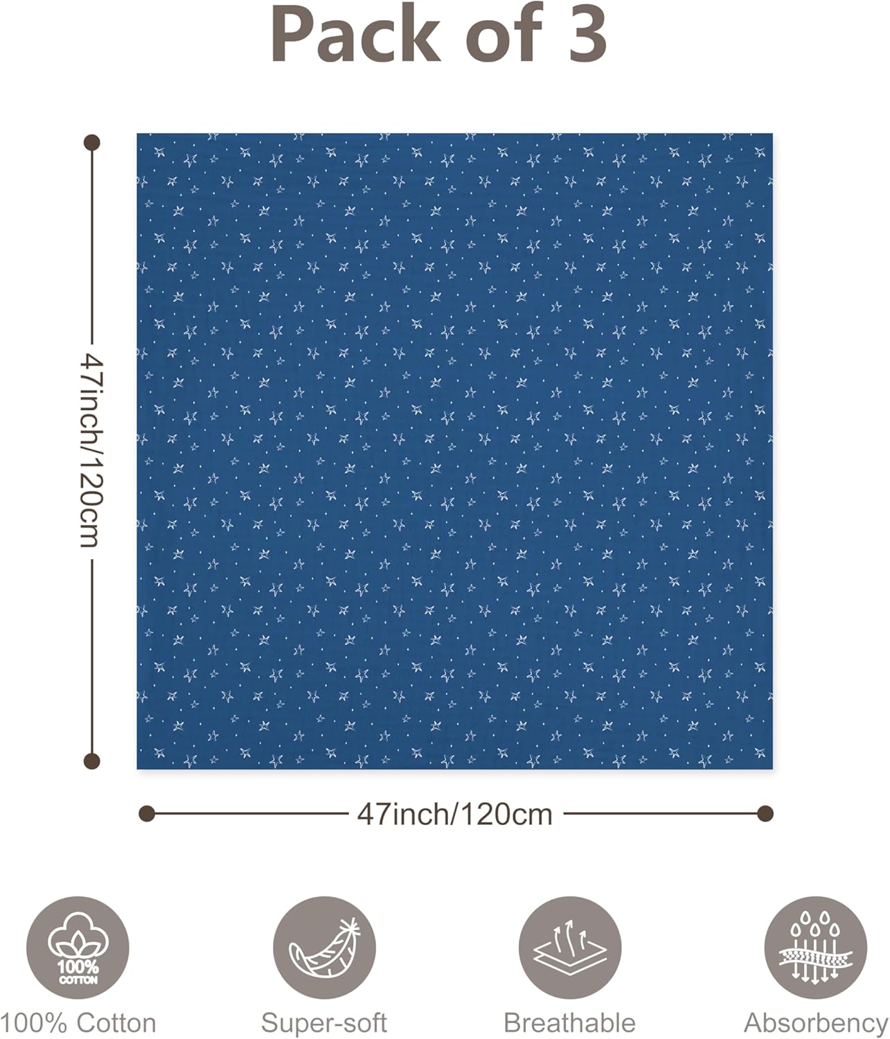 3-Pack 100% Cotton Muslin Swaddle Blankets, Large 47 x 47 Inches — Breathable Soft Receiving Blankets for Newborns, Swaddling Wraps, Registry Gift (Bold Blue Mix) - Image 4