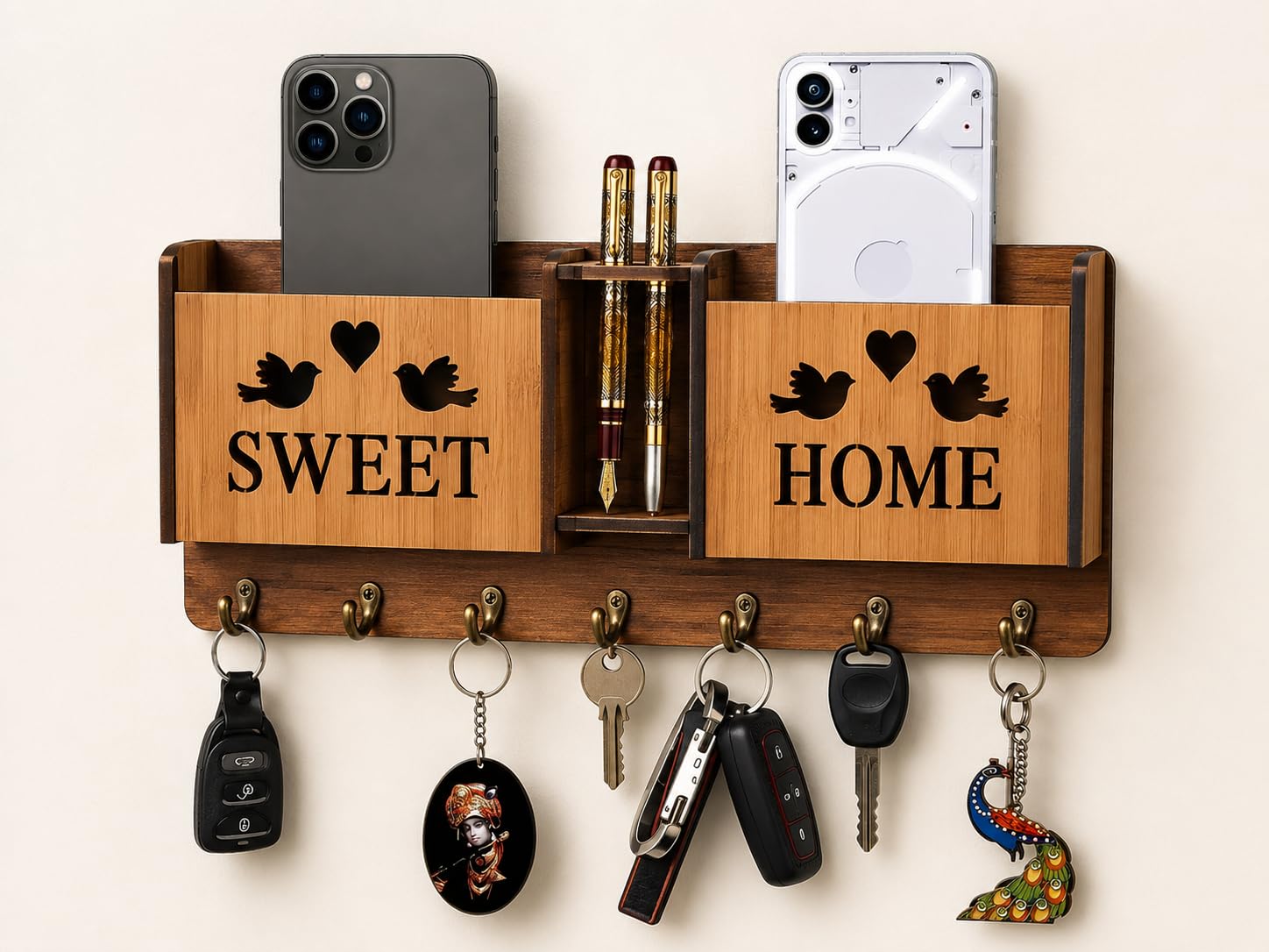 Wooden Key Holder for Wall with 7 Hooks, Sweet Home Design, Mobile Stand, Pen Organiser, 23x10 cm-image-26