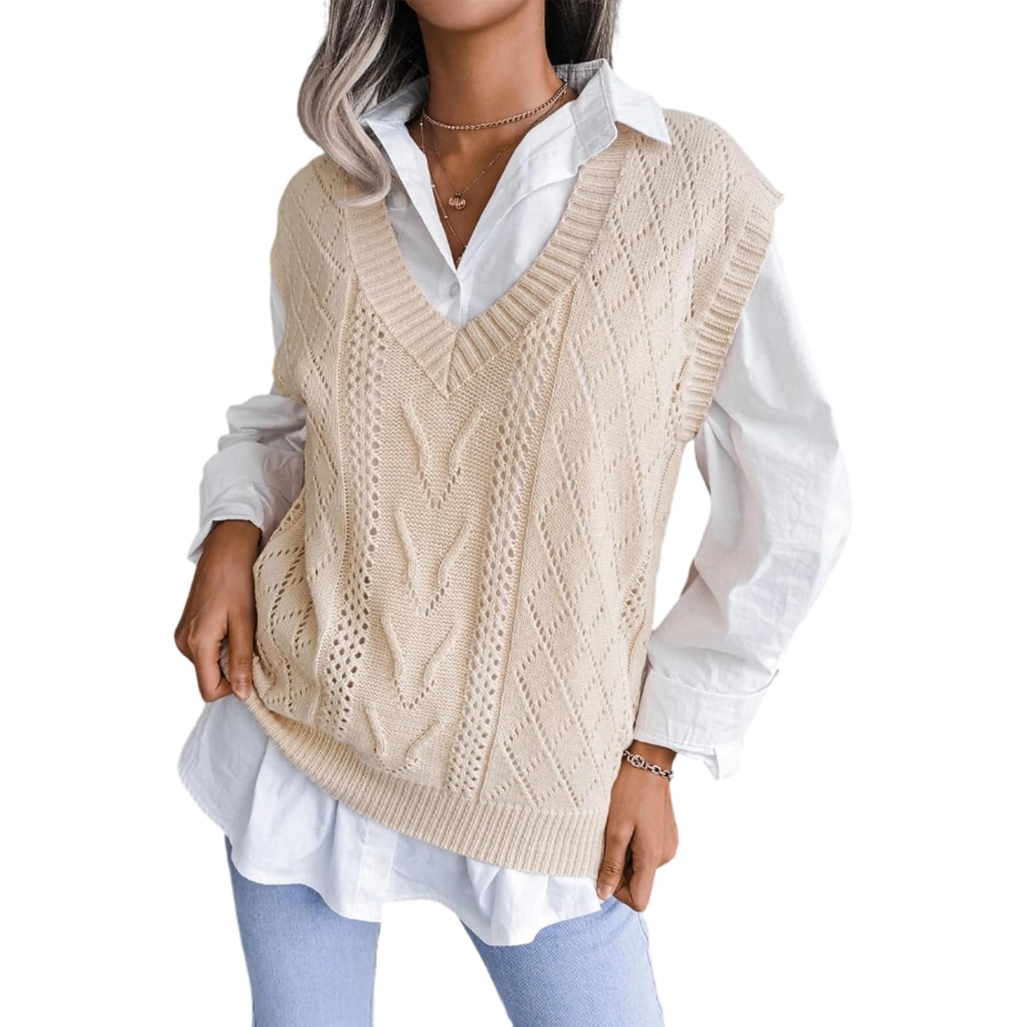 Sweater Vest Tops for Women Hollow Knit Sleeveless Sweater Tops V Neck Loose Fashion Clothes Top Fall Daily