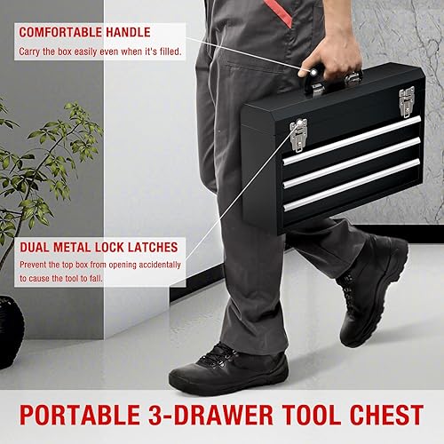Miniatura 3 de UNITEDPOWER Caja de herramientas de metal portátil, 3 cajones de organización de acero micro caja de herramientas para el hogar, almacén, taller de