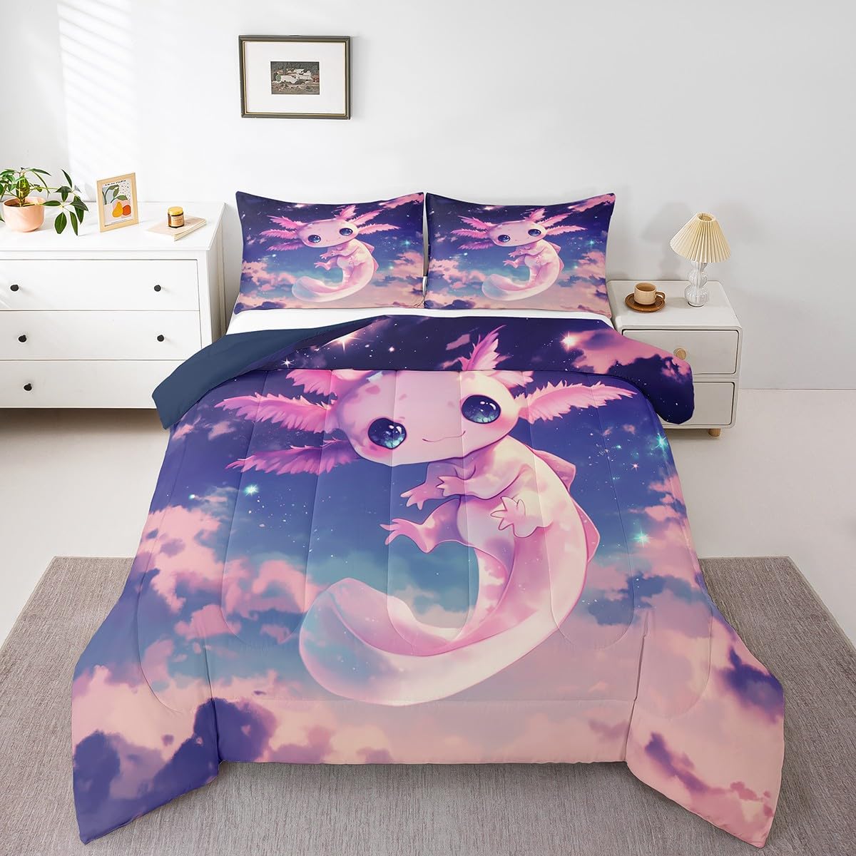 ErosebridalPink Kawaii Axolotl King Size Comforter Sets for Girls Kids Cute Cartoon Salamander Down Comforter Starry Sky Animal Bedding Set Wildlife Reptile Cloud Stars Bed Set