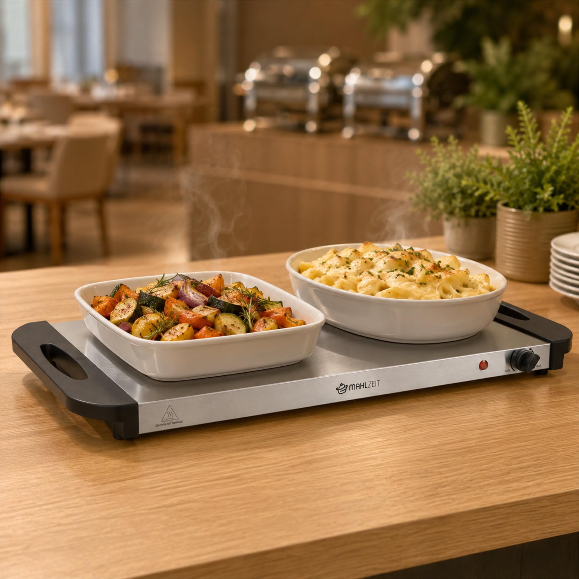 Mahlzeit Podgrzewacz bufetowy 2 w 1 | 300 W, 220-240 V | podgrzewacz do potraw ze stali nierdzewnej z 3 pojemnikami na żywność 2,5 l | elektryczny podgrzewacz do potraw Chafing Dish, płyta utrzymująca
