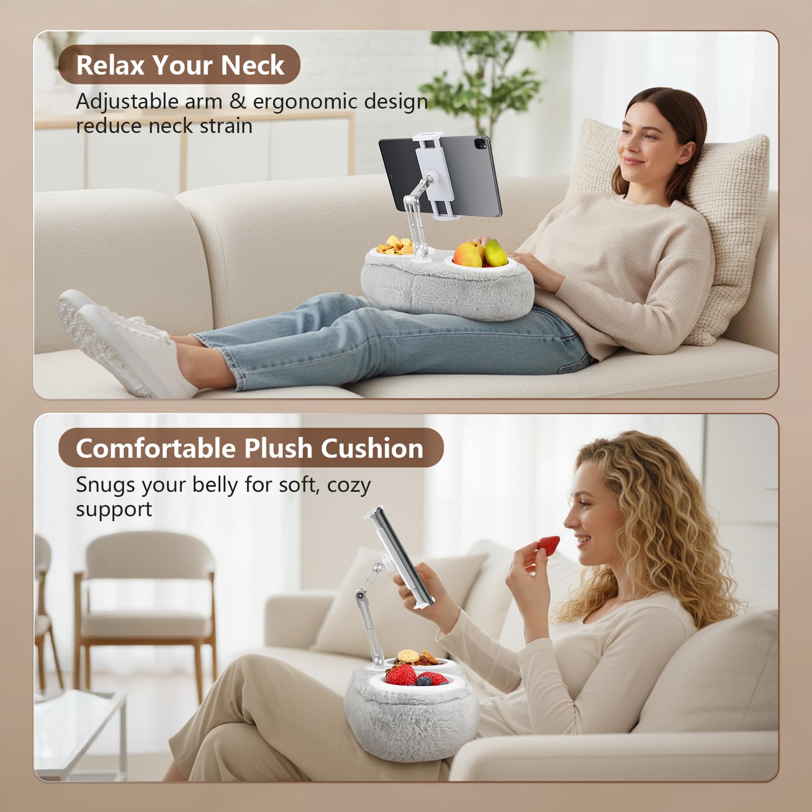 Supporto per tablet per tablet da 4 a 11 pollici, con 2 contenitori per snack, regolabile, pieghevole, accessorio per bambini, ideale per leggere a letto e guardare video