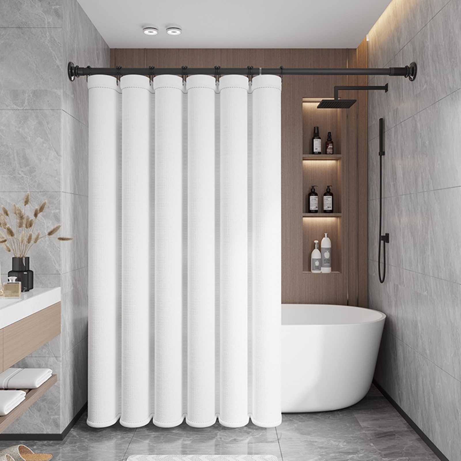 Cortina de ducha de poliéster con peso de 91 x 198 cm, color blanco, aspecto de lino, cortina de baño impermeable para bañera y ducha