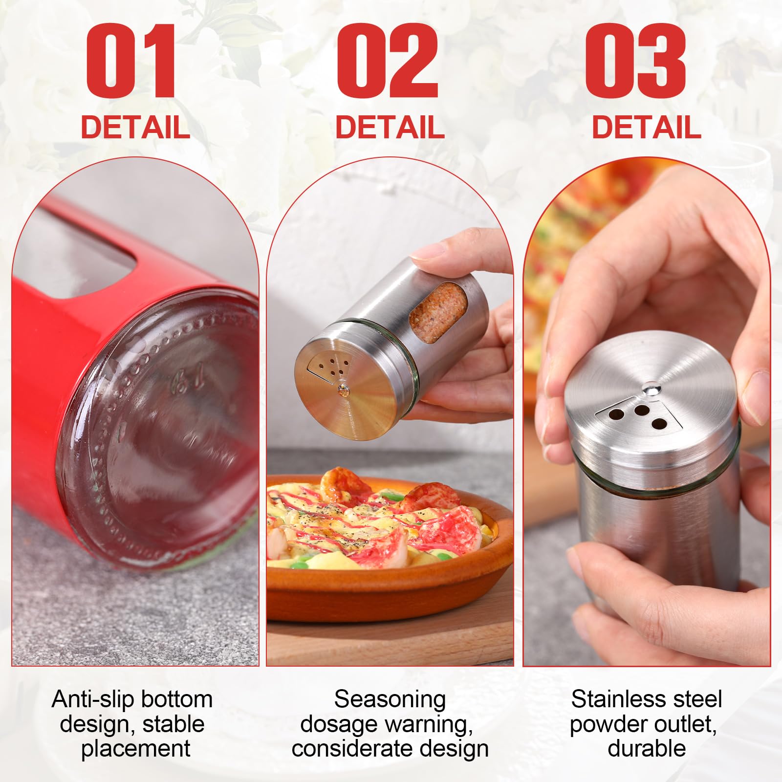Teenyyou Juego de salero y pimentero de acero inoxidable con agujeros, dispensador de especias de acero inoxidable con agujeros ajustables, decoración moderna para encimera de cocina (rojo)