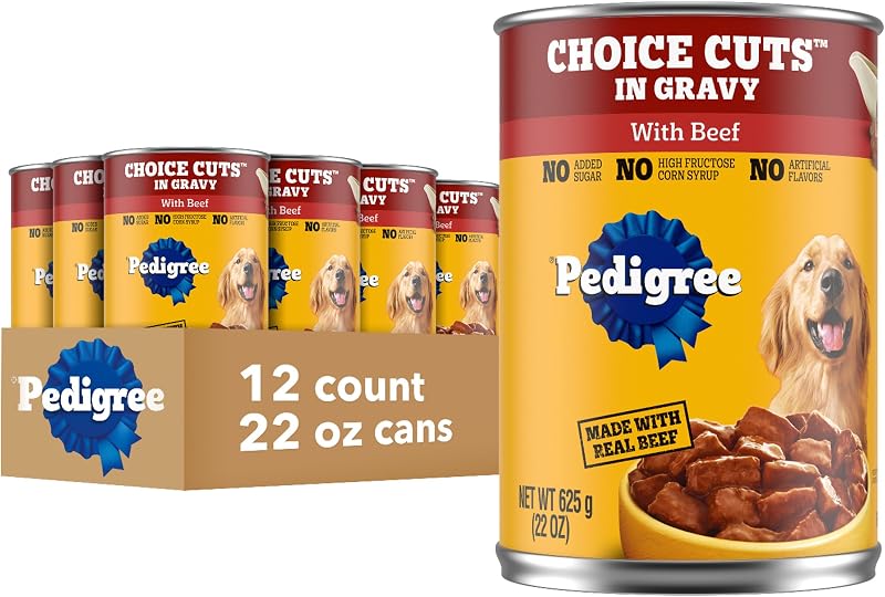 Pedigree Choice Cuts In Gravy Alimento húmedo suave enlatado para perros adultos con carne de res, 22 oz. latas (12 unidades, paquete de 1) | Carne de res en salsa, soporte para músculos magros, más del 50 % de agua para hidratación, complemento o comida completa para perros adultos, latas de fácil apertura que no ensucian