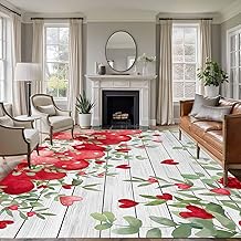 Area Rug for Living Room Valentine's Day Heart Shape Soft Non Slip Indoor Carpet Washable Rugs, Rose Flower Leaf Wood Board Large Rectangle Throw Rug for Bedroom Dining Room Nursery Dorm 6x9ft