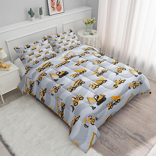 Miniatura 2 de Datura home Juego de edredón de camión de construcción para niños y niños, juego de ropa de cama de tractor de dibujos animados de maquinaria gris