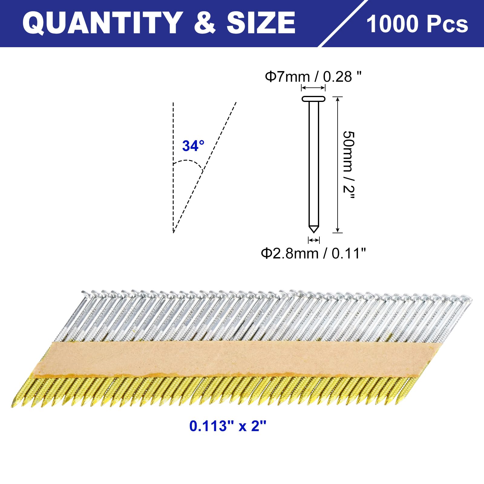 QUARKZMAN 1000 Unidades Clavos Para Estructura De 34 Grados 0.113" X 2" Clavos Galvanizados De Acero Al Carbón Con Cinta De Papel Para Muebles/Construcción Color Zinc