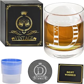 Gifts for Men Whiskey Glass Set,10oz Old Fashioned Bourbon Rocks Glass with Ice Ball Mold,Coaster and Gift Card,Personalized Birthday and Father Gift Ideas for Dad Grandpa Husband Boss (D)