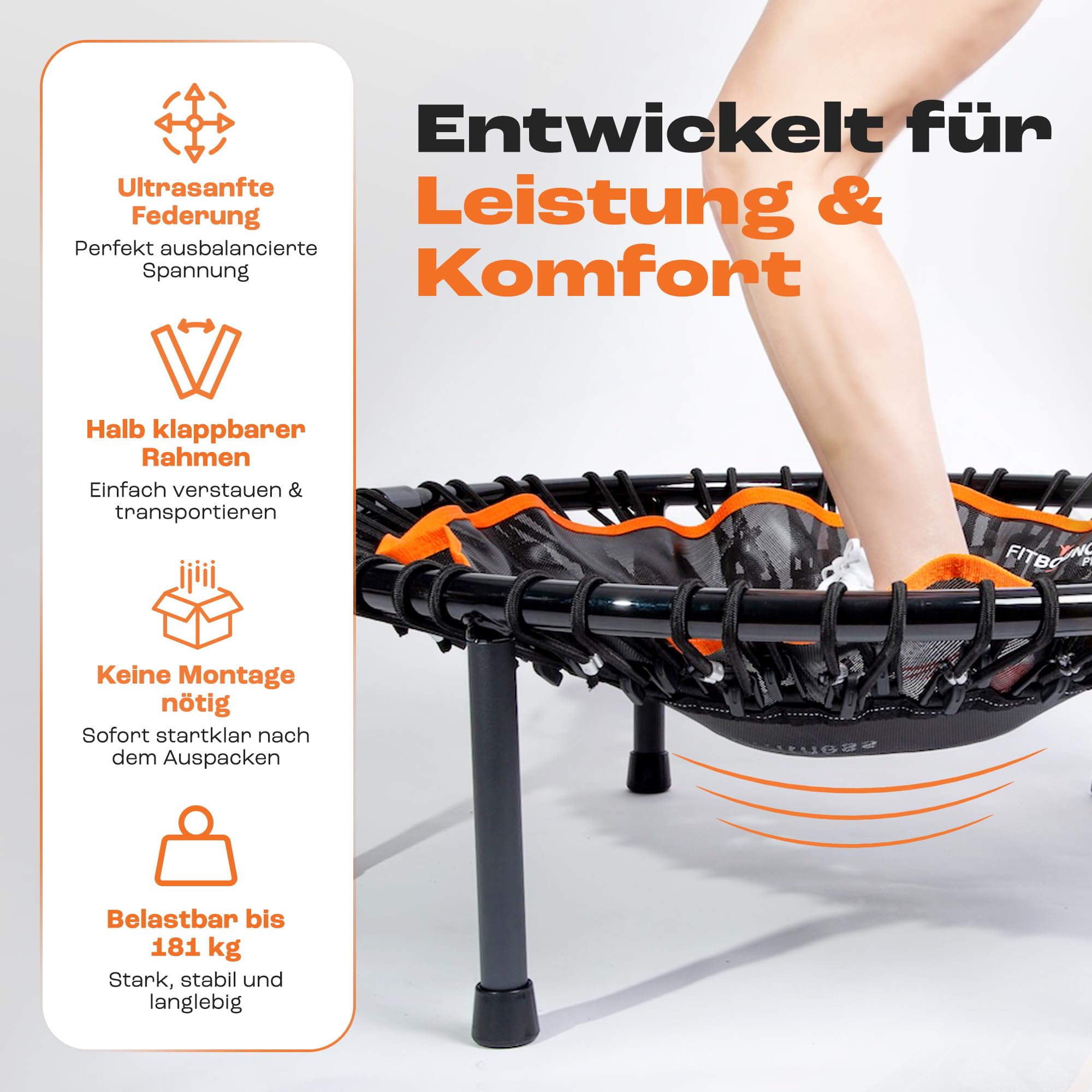 MXL FIT Bounce PRO Bungee Rebounder - Premium Indoor Mini Trampoline for Adults Silent Low-Impact Bounce, Half-Folding with Foldable Steel Legs & Carry Bag - 40" 400lb Limit