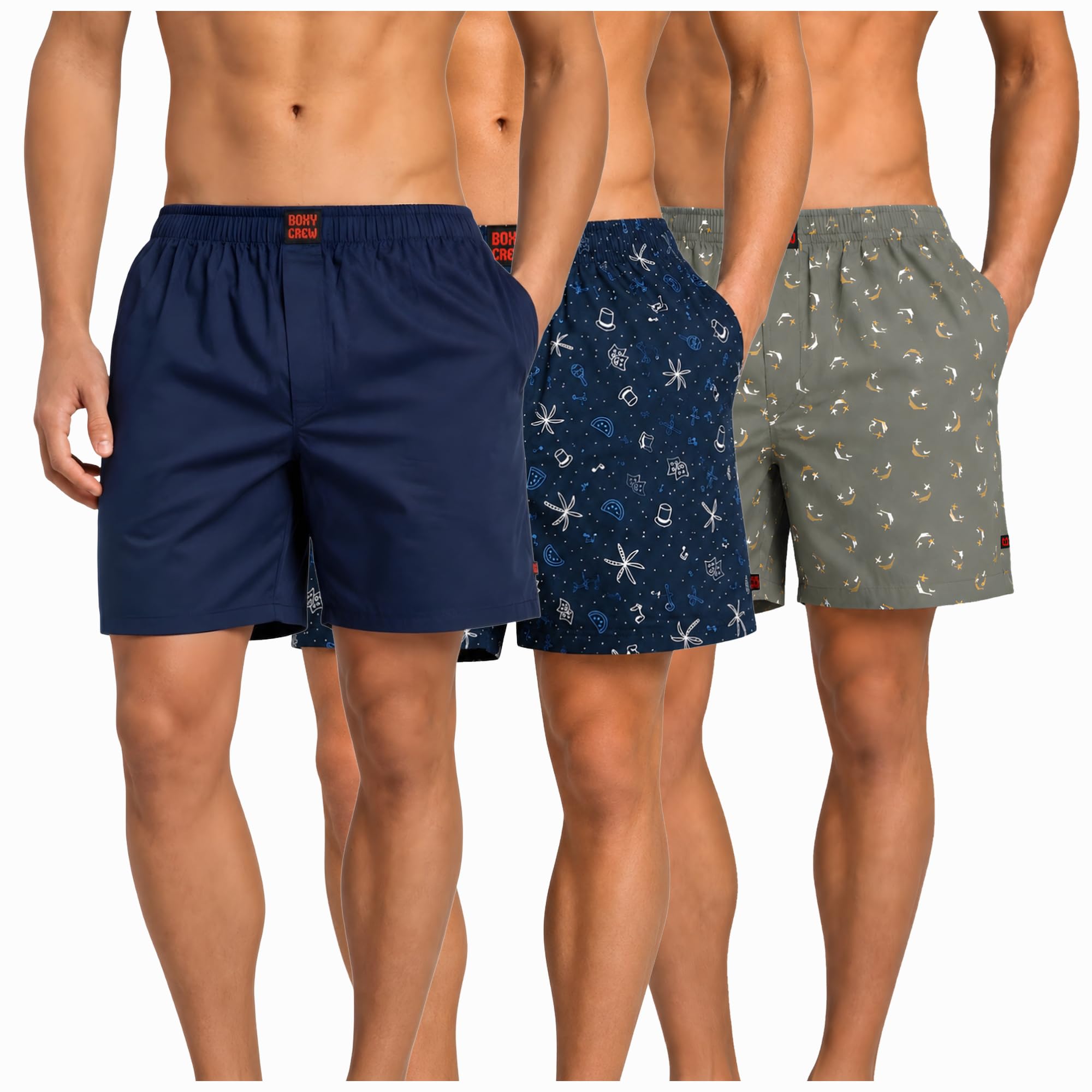 Men's 100% Cotton Boxer Shorts Pack of 3, Navy Blue, Navy Blue & Green | Woven Boxers with Side Pockets, No-Marks Elastic Waistband, Breathable Relaxed Fit | Style 002-007-008-image-45