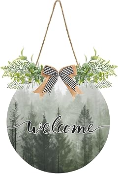 Pine Trees Welcome Sign for Front Door - Rustic Welcome Wreaths with Stapled Greenery, Decor for Farmhouse Porch 12 Inch