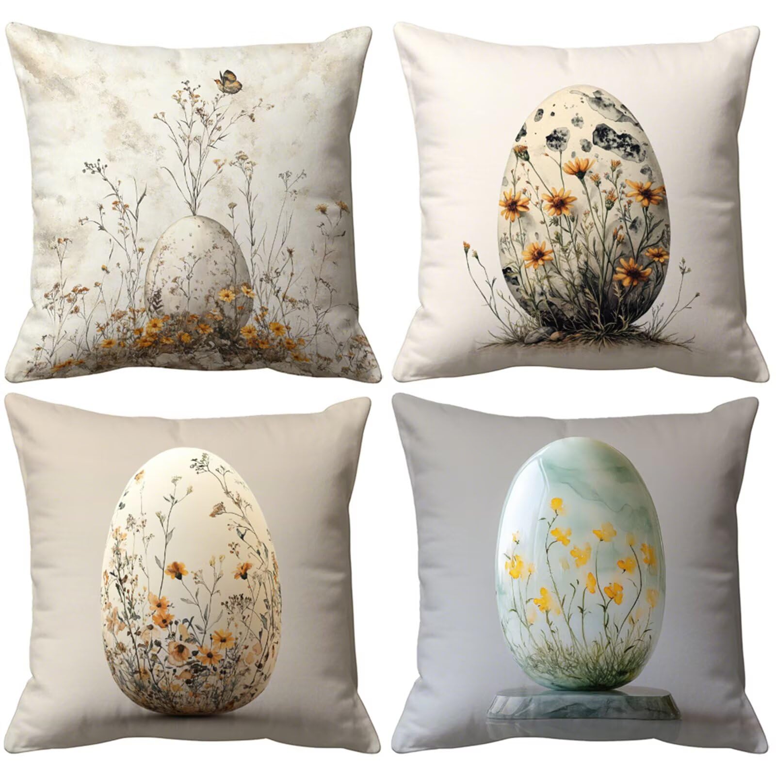 QiHon Set of 4 Decorative Linen Cushion Covers 60x60 cm, Modern Wildflowers Square Throw Pillow Cases with Invisible Zipper, Breathable Pillowcases for Sofa Couch Living Room Bedroom Garden