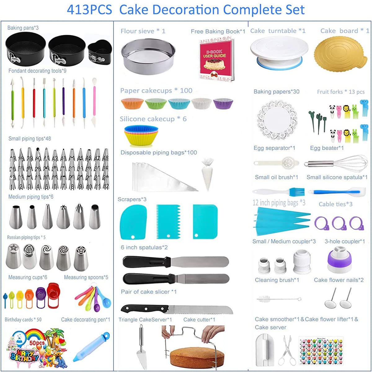 Fayelong Decoración De Pasteles Con Suministros Para Hornear, Juego De 413 Piezas, Juego De 48 Puntas De Glaseado De Acero Inoxidable, 3 Acopladores Reutilizables Y 100 Mangas Pasteleras