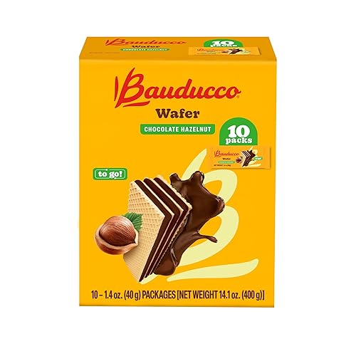 Bauducco Galletas de oblea, chocolate y avellana, porción individual, 14.1 onzas (paquete de 10), obleas crujientes envueltas individualmente,