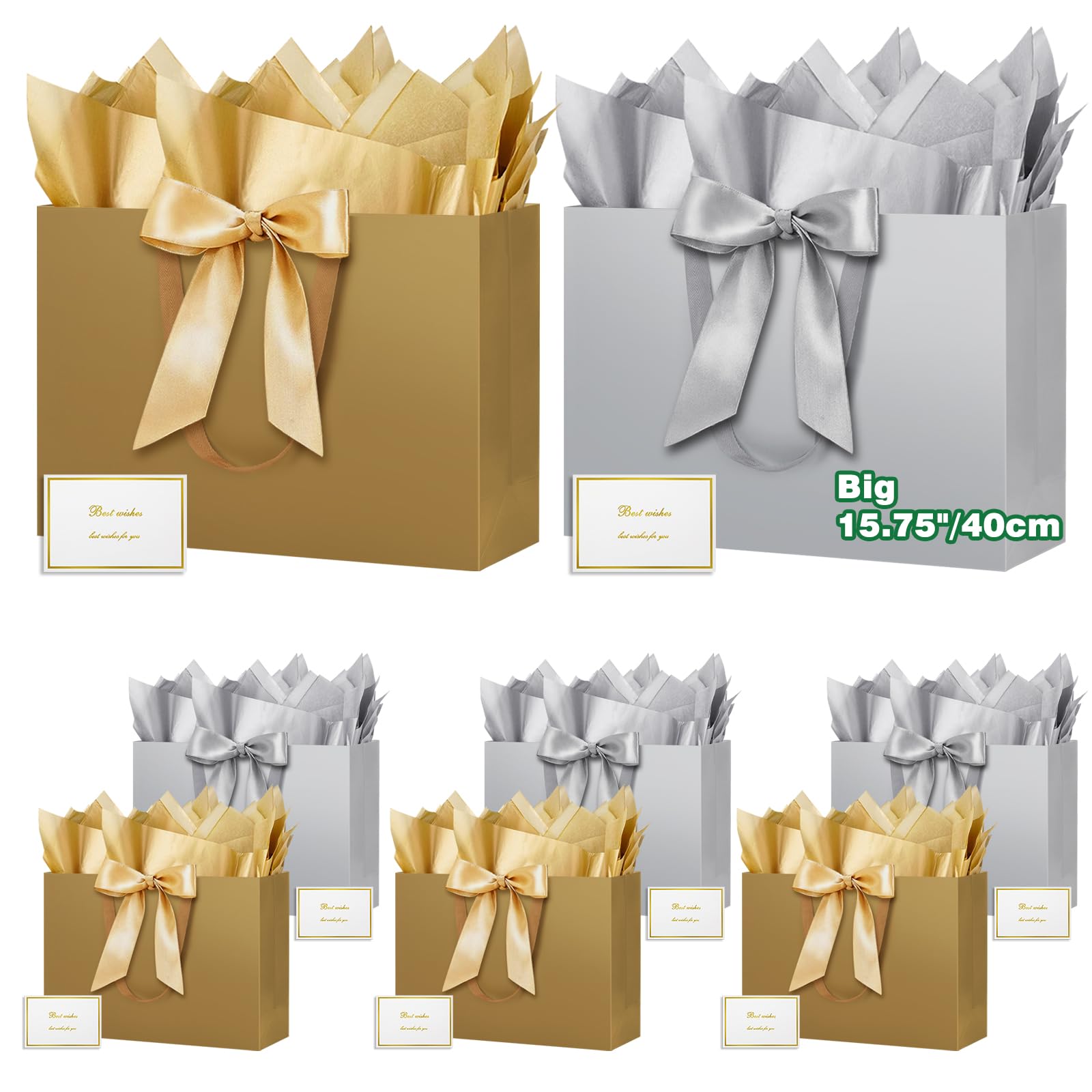 HONTIUS Extra Large Gift Bag, 15.35" Vertical Gift Bags for Presents Big Paper Bag with Tissue Paper And Cards, 40*30*12.5cm Wedding Birthday Party Present Bridesmaid Gift Gifts Bag (8pcs gold grey)