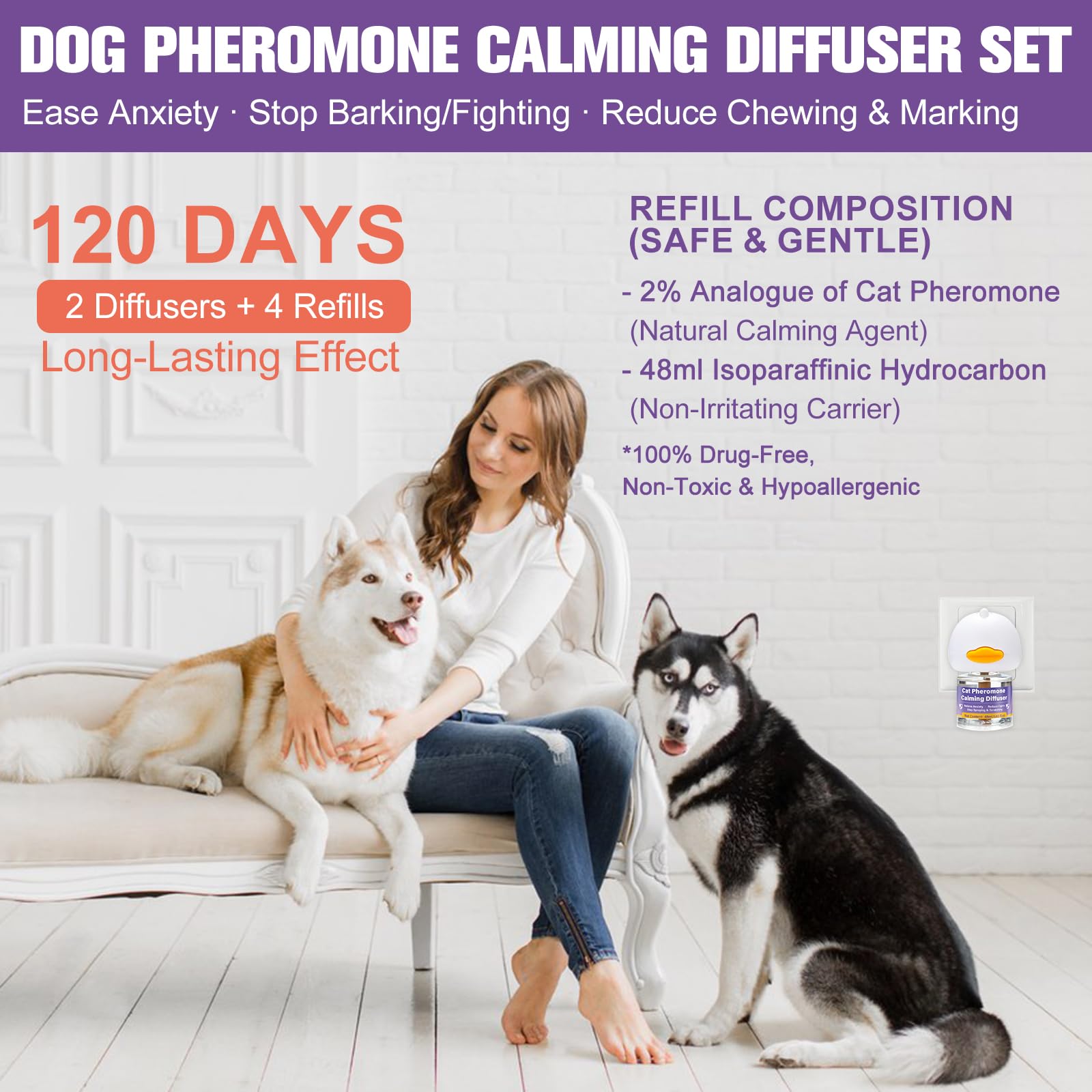 SLE Pheromones Chien Anti Stress Résout Les problèmes de marquage urinaire, Stoppe Aboiements/Mâchonnage/Marquage, Calmant Apaisant Prise Phéromones (2 Diffuseur+4 Recharges)
