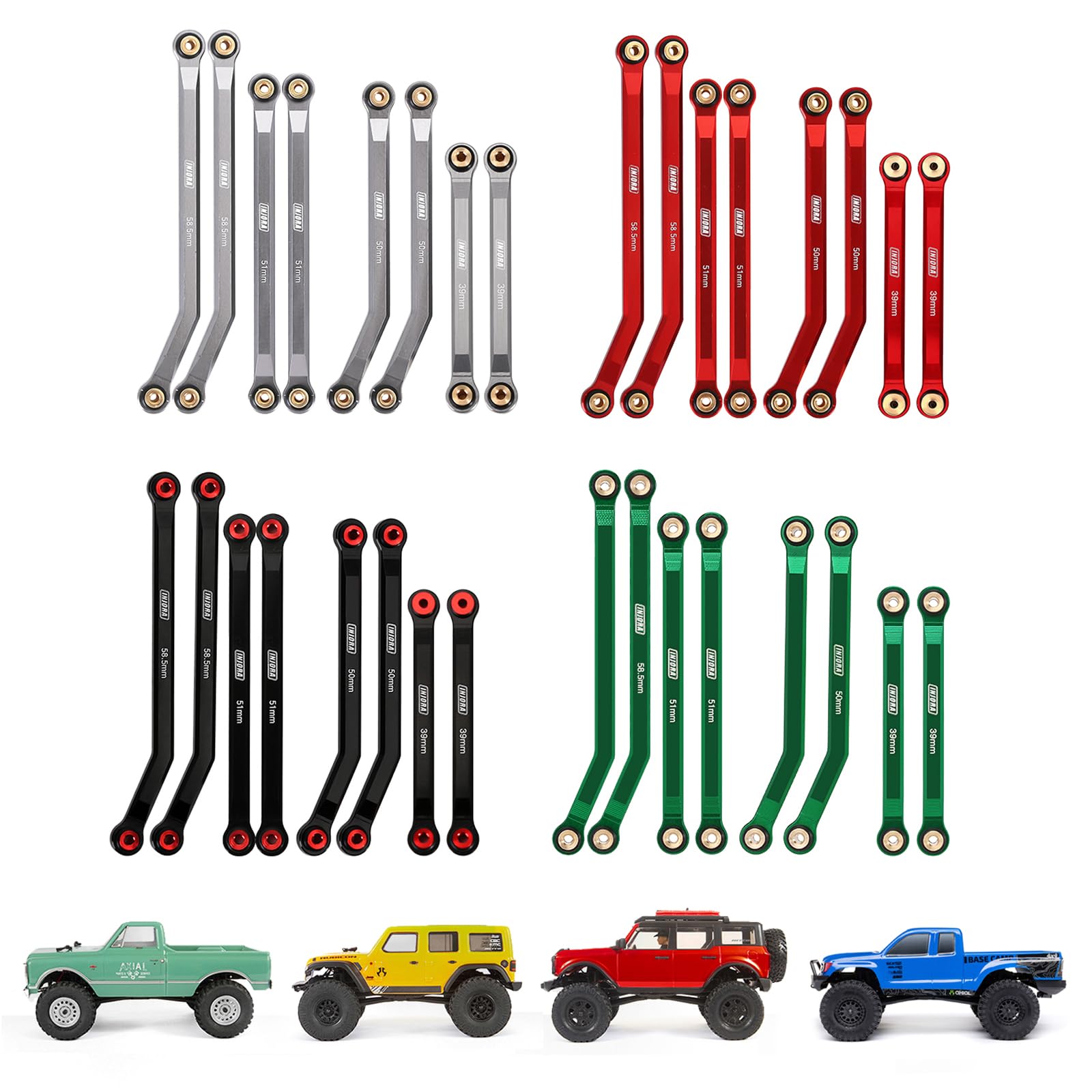 INJORA CNC Alluminio Chassis Links Set High Clearance 4 Links Set per 1/24 RC Crawler LWB 133.7mm Axial SCX24 C10 JLU Bronco Base Camp, 8PCS(Nero)