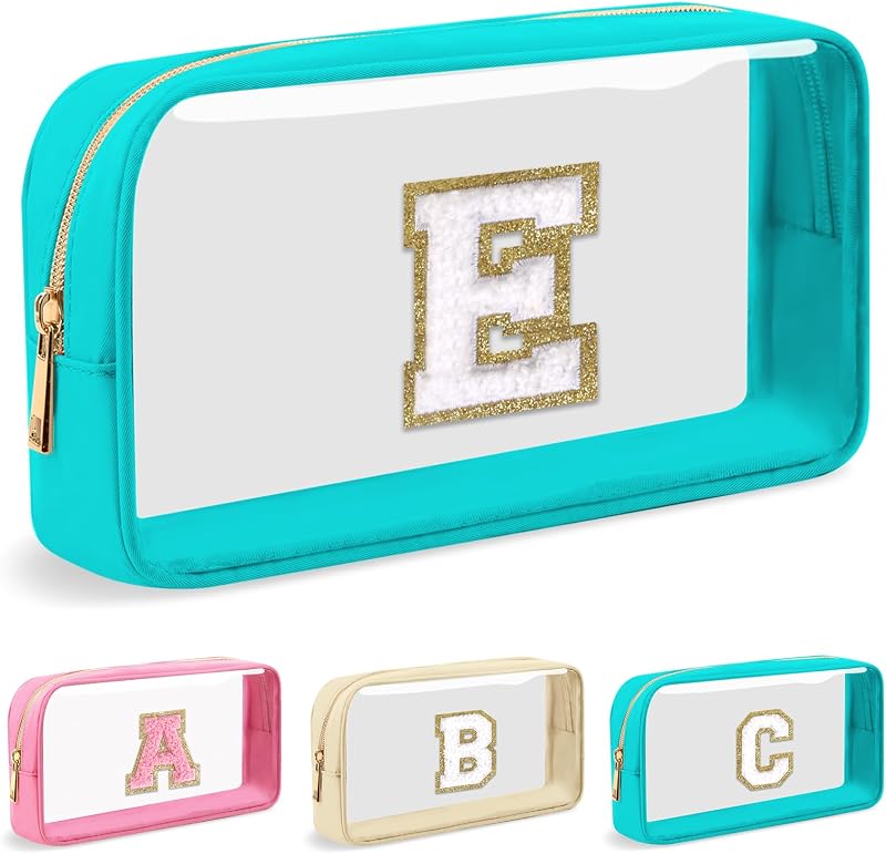 Necessaire transparente UIXIZQ com inicial em chenille, nylon e PVC, com zíper, Verde Pequeno, 1 unidade