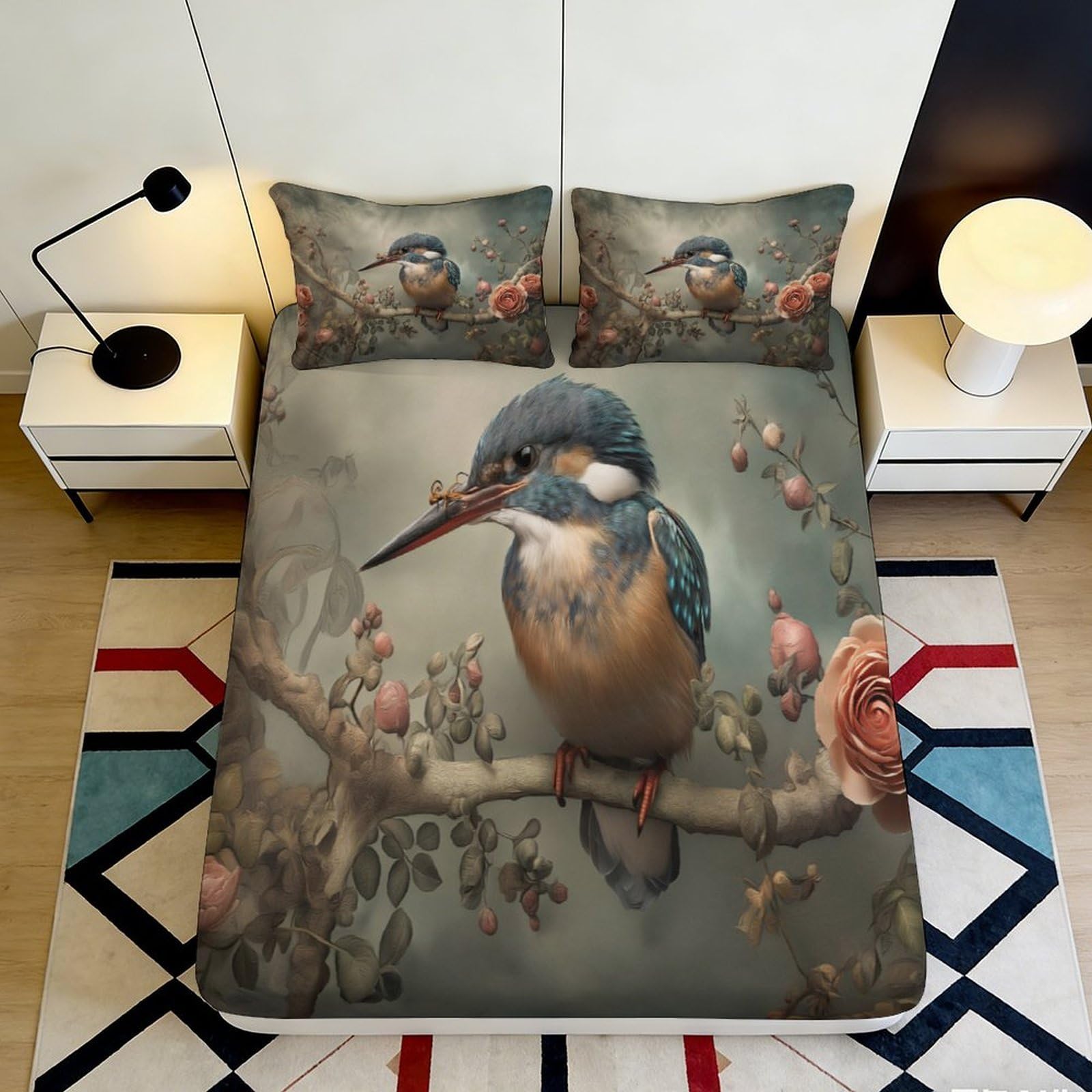 Pnayamiorkfel Style-3 3D Printed Kingfisher Bird Fitted Sheet Microfiber Soft Floral Branch Bed Sheet For Bedroom Guest Room Home Decor 90X200x25cm