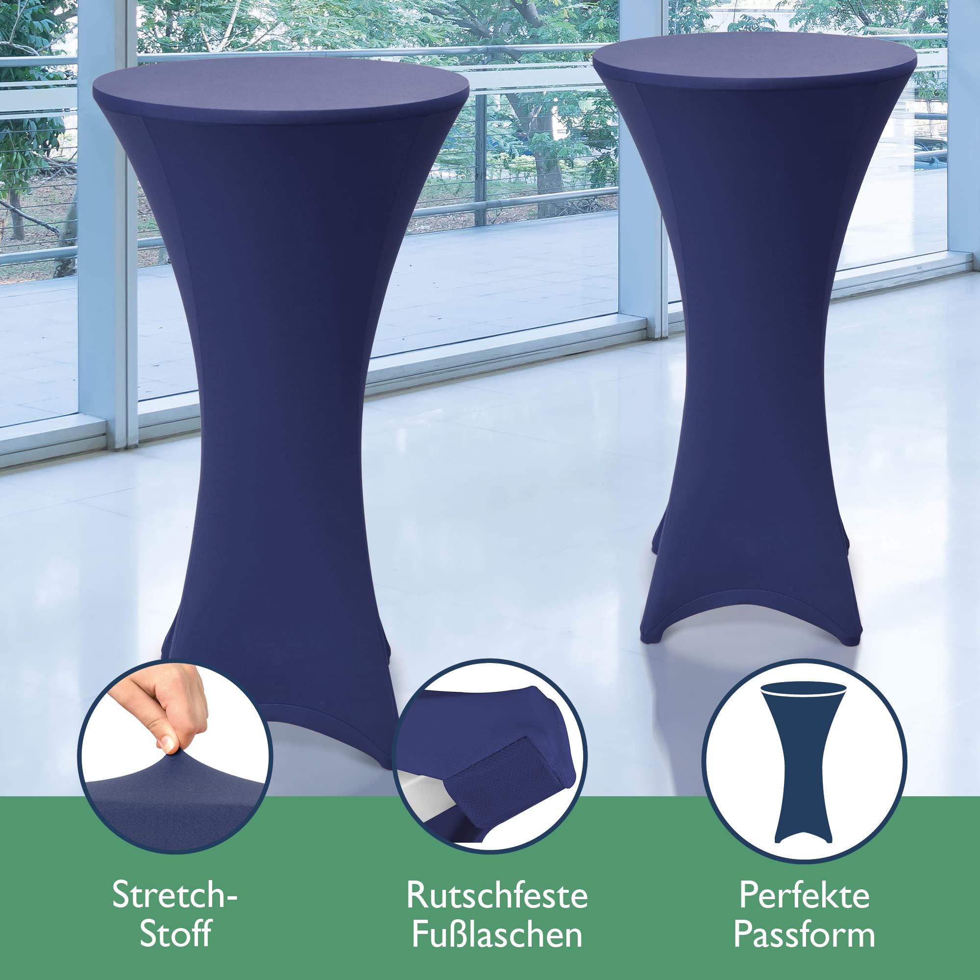 Beautissu Stehtisch mit Hussen – Klappbarer Stehtisch 70 cm Grau inkl. Stretchhusse Blau – rutschfest, Waschbar & Bügelfrei – Outdoor Bistrotisch Kratzfest & Wetterfest Bellini & Stella