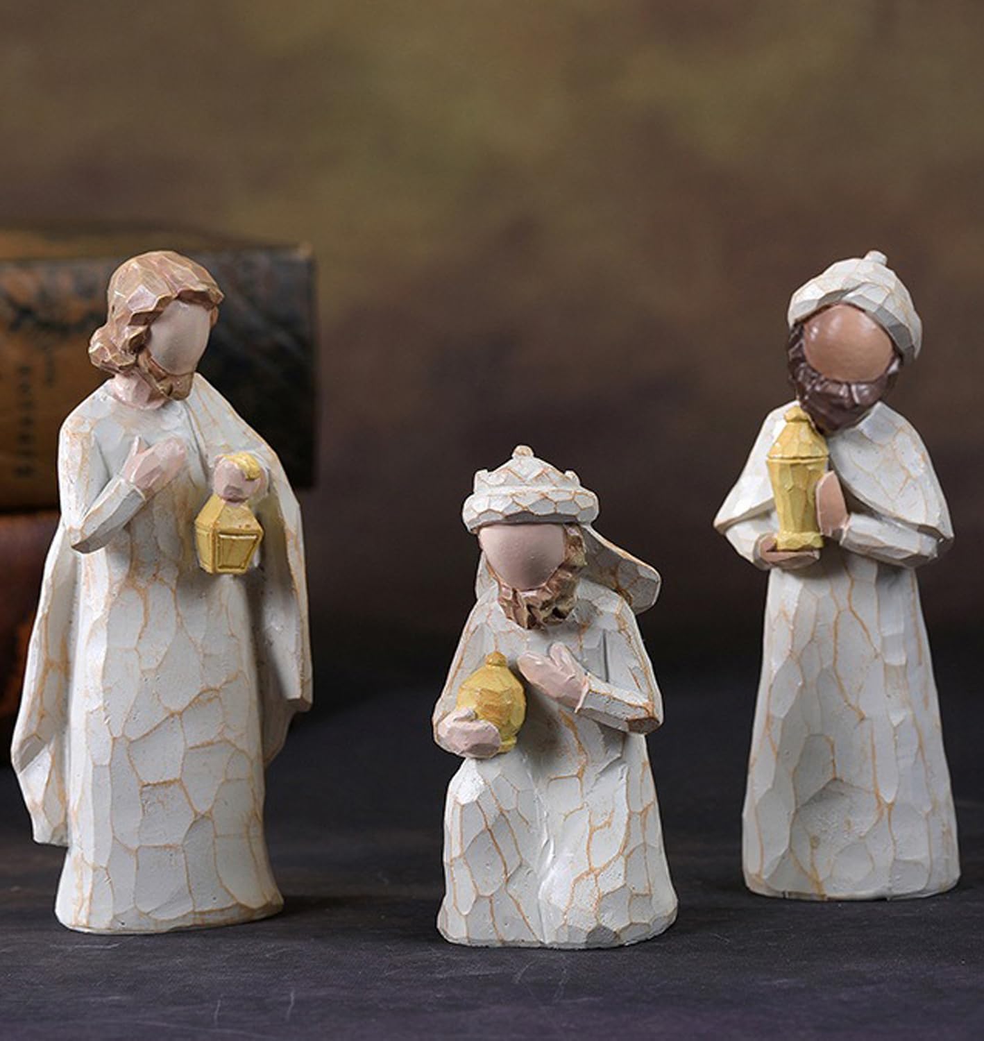 4-Inch Christmas Nativity Scene Figurine Set, Abstract 8-Piece Miniature Resin Sculptures, Indoor Christmas Decoration, Religious Gift, Wood-Carved Style