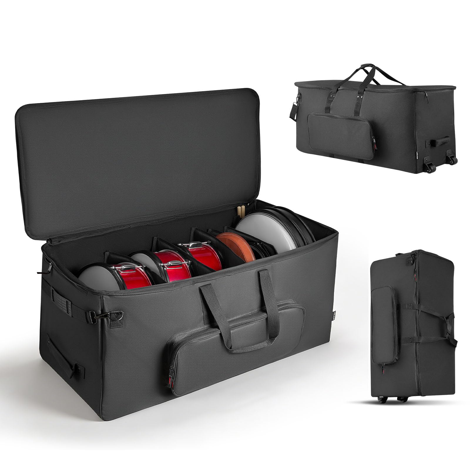 VEVOR Sac à Roulettes pour Batterie Électronique, 600D, Housse de Transport Rembourrée pour Batterie Électronique Accessoires, Intérieur 92x42x41 cm avec Séparateurs Amovibles, Multiples Poches, Noir