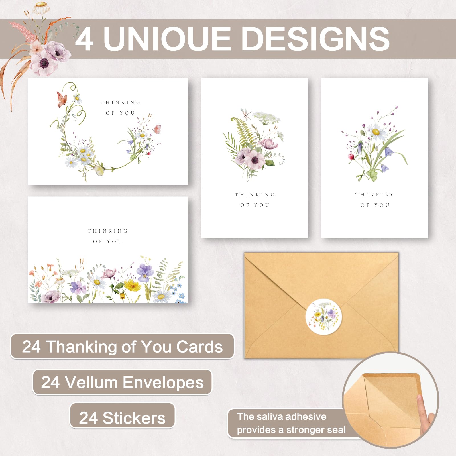Botanical Watercolor Thinking Of You Cards - 24 Floral Blank Cards With Envelopes