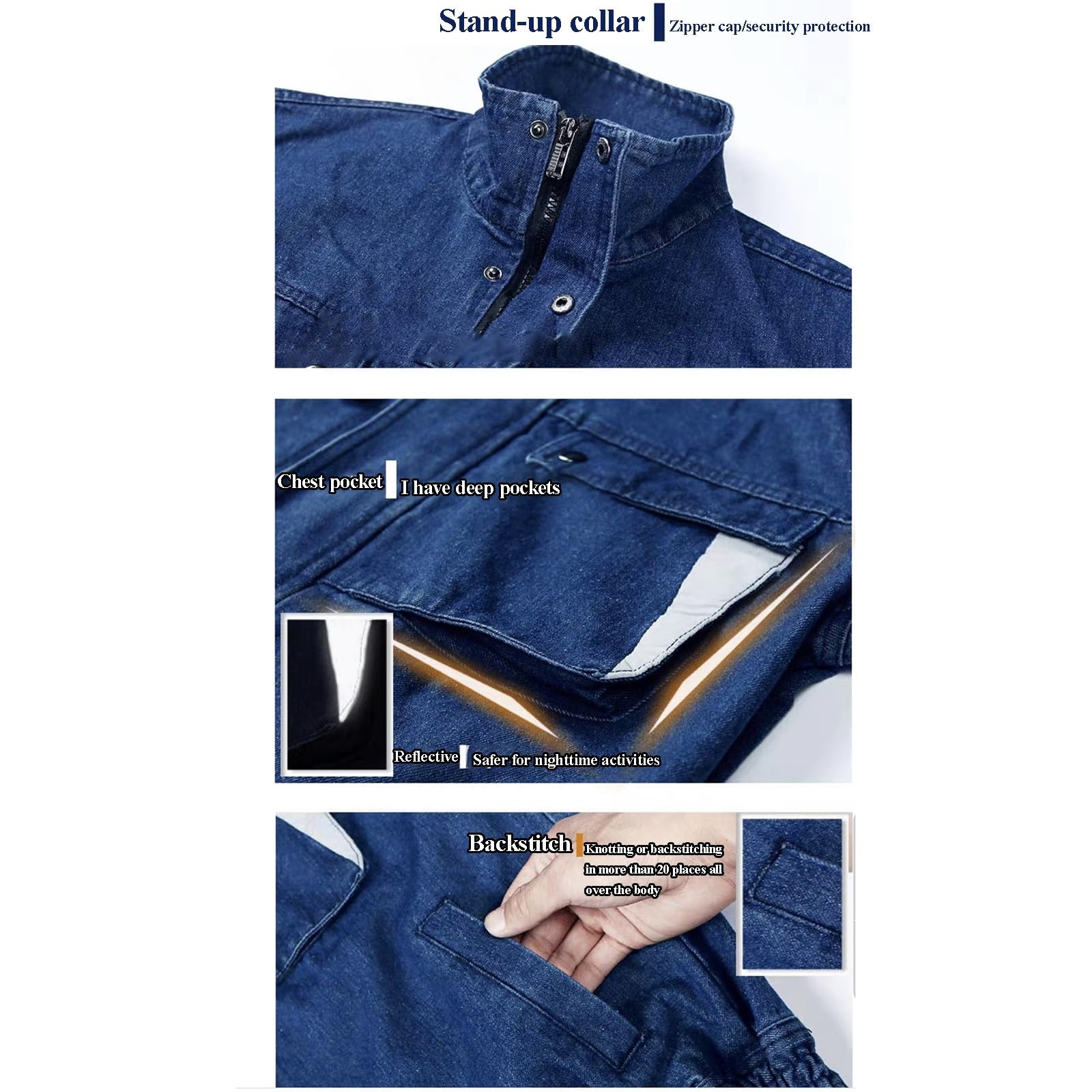 Traje de Trabajo de Soldadura de Mezclilla para Hombres Ropa de Trabajo de Algodón Ropa de Protección Laboral Escote, Bolsillos para Pantalones(M)