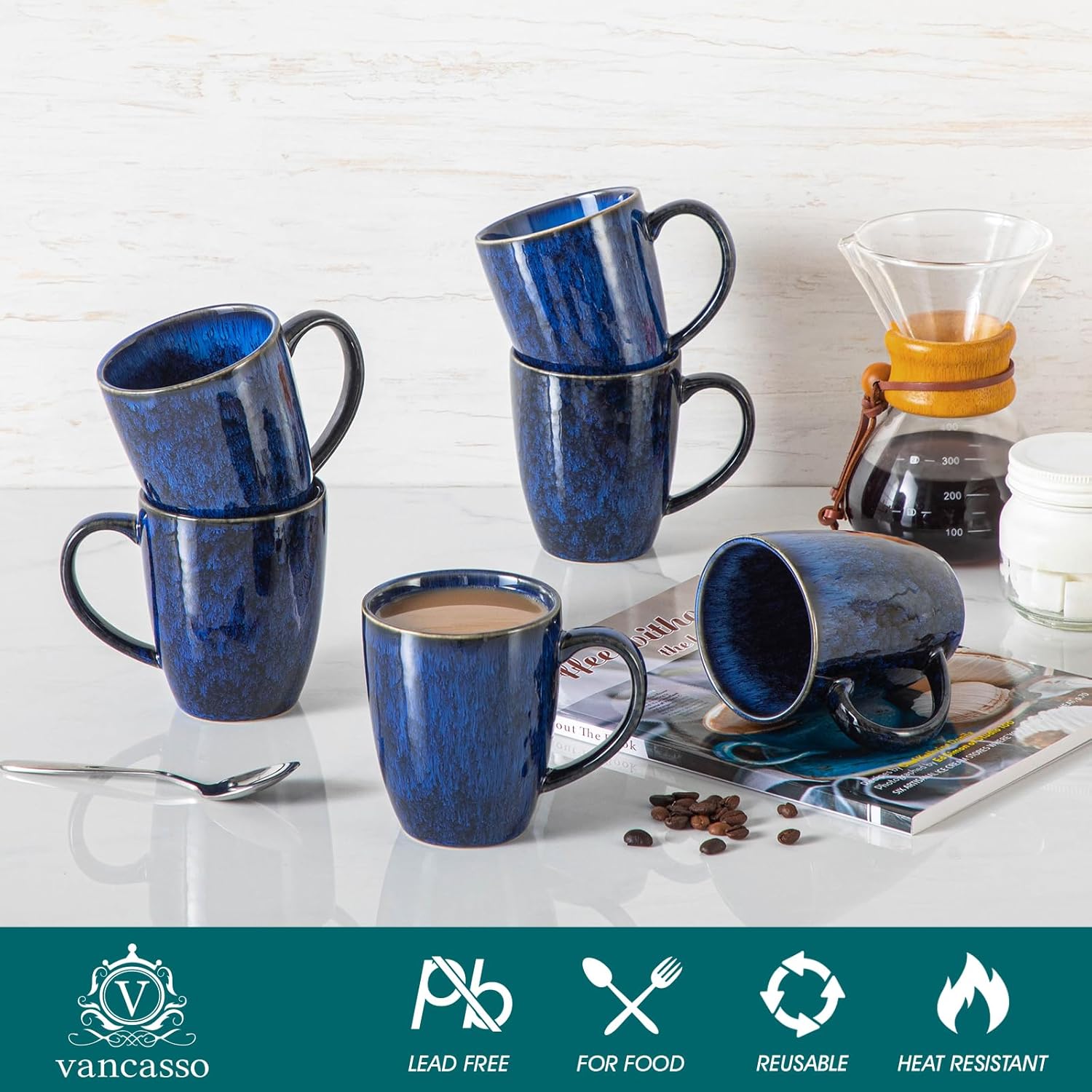 vancasso STARRY Ceramic Coffee Mug Set of 6, 12 Oz Tea Cups with Handle for Latte, Tea, Cappuccino, Milk, Cocoa, Microwave&Dishwasher Safe,Blue - Image 3