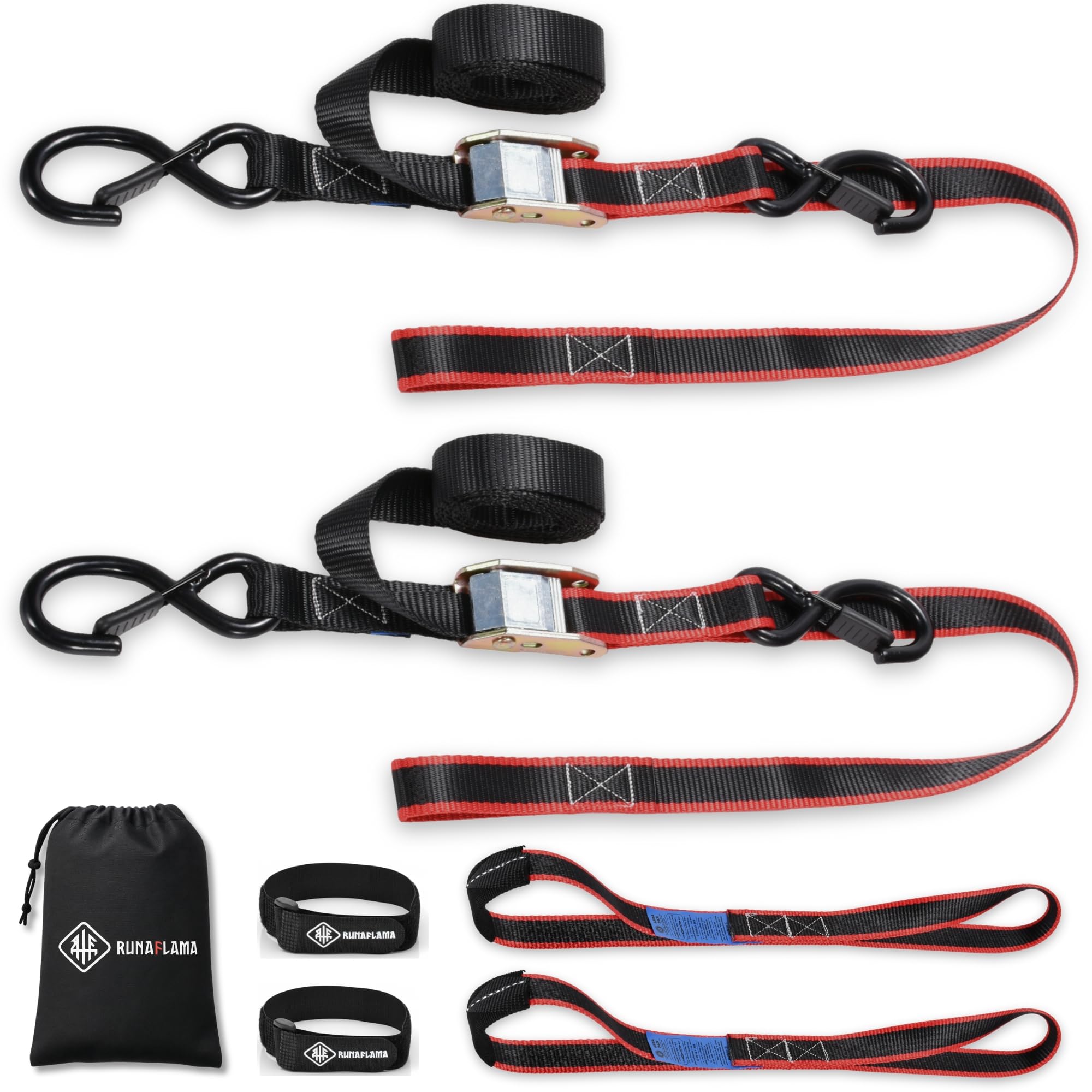 Motorrad Spanngurte 2er Set [550 kg Bruchlast & EN 12195-2 geprüft] – Zurrgurte mit Haken 1,9 m + 2 Zurrschlaufen – Spanngurt Set inkl. Tasche & Klettband (Für Transport & Motorradträger) - 1