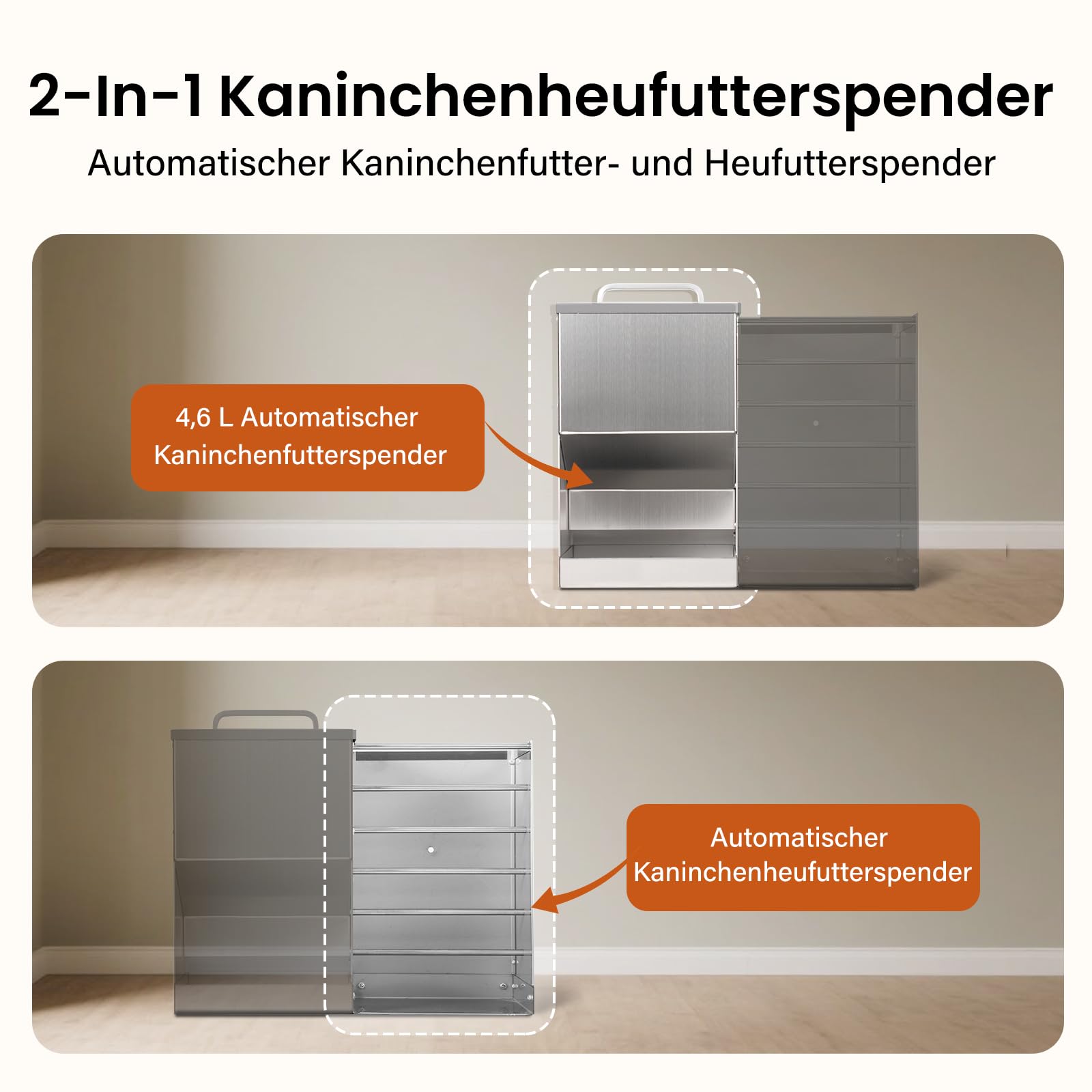 2 in 1 Automatischer Kaninchenfütterer für Käfig Kaninchen Heufutterautomat für draußen Mental Kaninchenfutterspender für Kaninchen Meerschweinchen Hamster Kleintier Futterautomaten