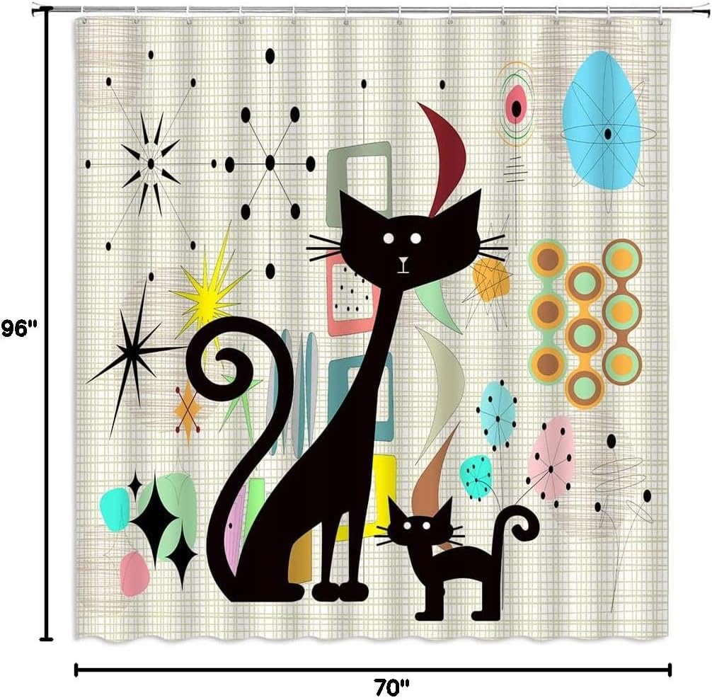 Mid Century Atomic Black Cat Shower Curtain Retro ​Atomic Stars ​Abstract Iconic Cute Animal 1950s 1960s Vintage Geometric Fabric Bathroom Decor Curtain with Hooks