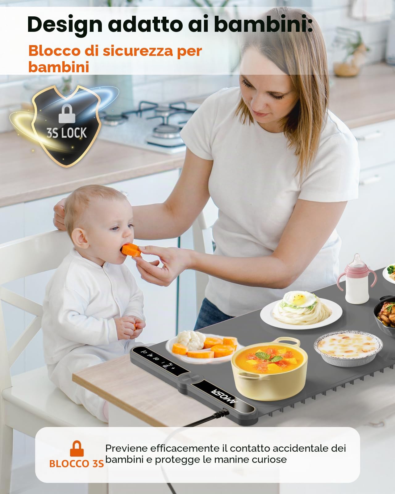AMOSA Vassoio Riscaldante Elettrico per Cibi, Tappetino Riscaldante in Silicone Extra Large Portatile con 9 Livelli di Temperatura e Timer 6 Ore, Scaldavivande Portatile per Buffet e Feste (Grigio)