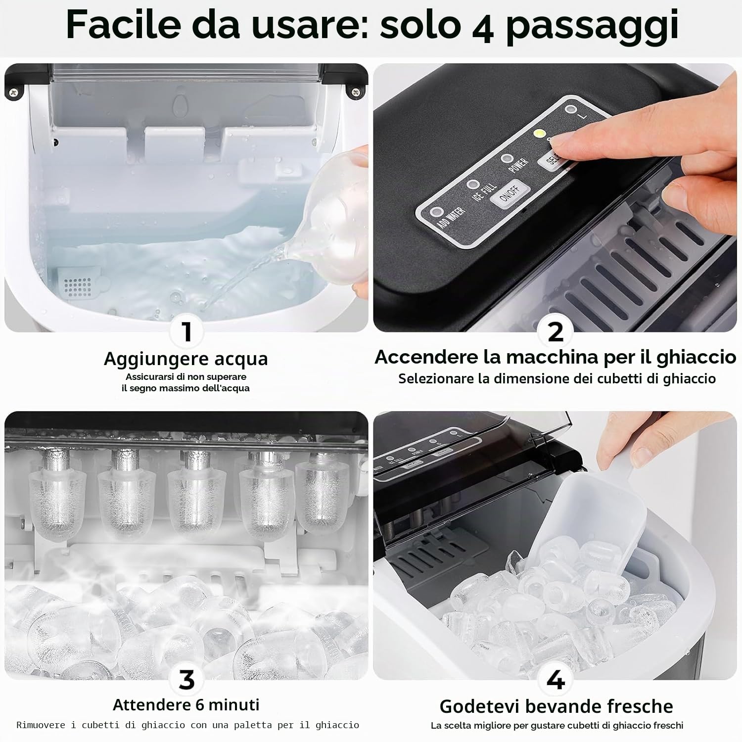 Macchina Ghiaccio, Macchina Ghiaccio Casa 12kg/24h, 9 Cubetti di Ghiaccio in 6 Minuti, 2 Dimensioni di Ghiaccio, Macchina del Ghiaccio Autopulizia, Macchina per il Ghiaccio con Maniglia/Cestello/Pala