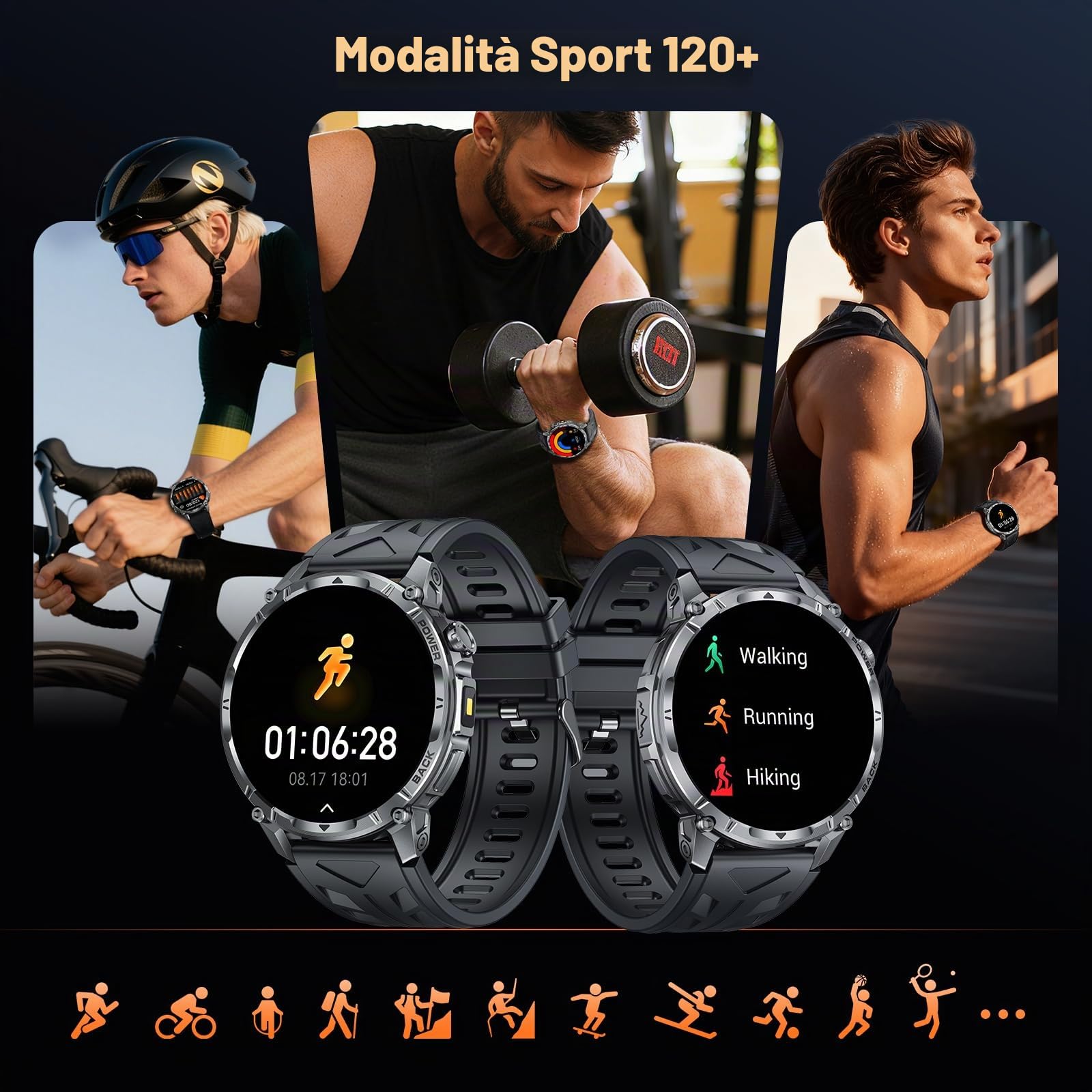 Smartwatch Uomo con 1000mAh, Orologio Intelligente Fitness con Chiamate Bluetooth, 1.7" Militari Smart Watch Tracker 110+ Modalità Sportive Cardiofrequenzimetro Sonno per Android iOS (Silicone)