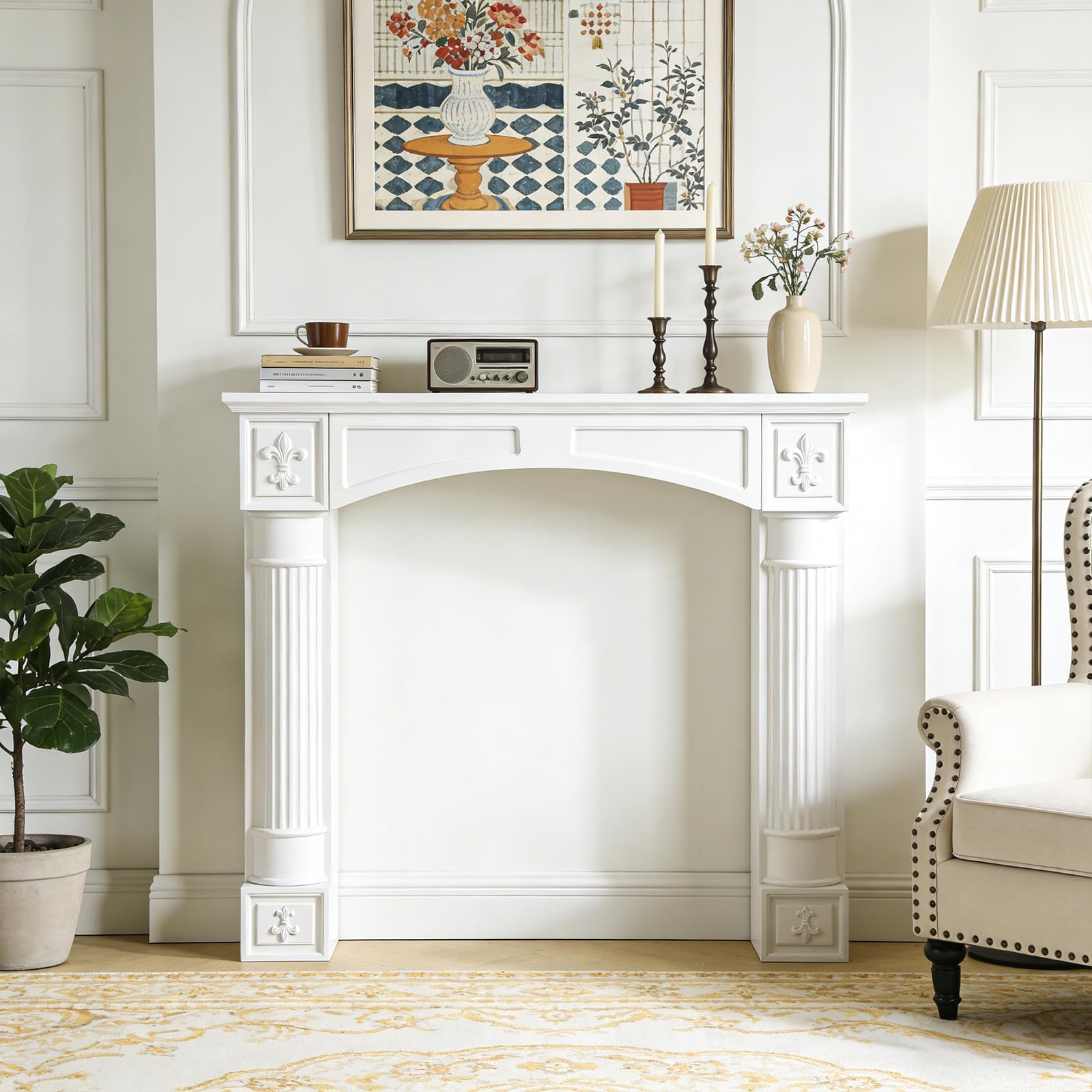 Modern White Freestanding Fireplace Mantel Surround – Waterproof, Anti-Tipping Premium MDF Mantel with Leg for Electric Fireplace, Living Room Decor