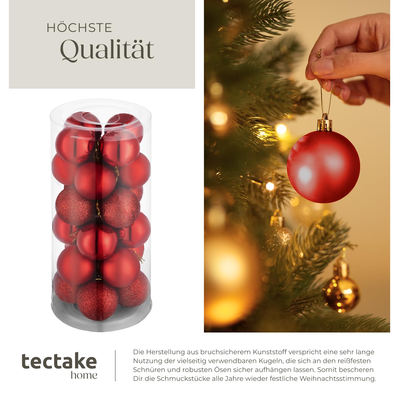 tectake® 24er Set bruchsichere Weihnachtskugeln Skandi Style, Baumschmuck, Christbaumkugeln rot Plastik, mit Matter, glänzender und glitzernder Oberfläche, inkl. Weihnachtskugel-Aufhänger