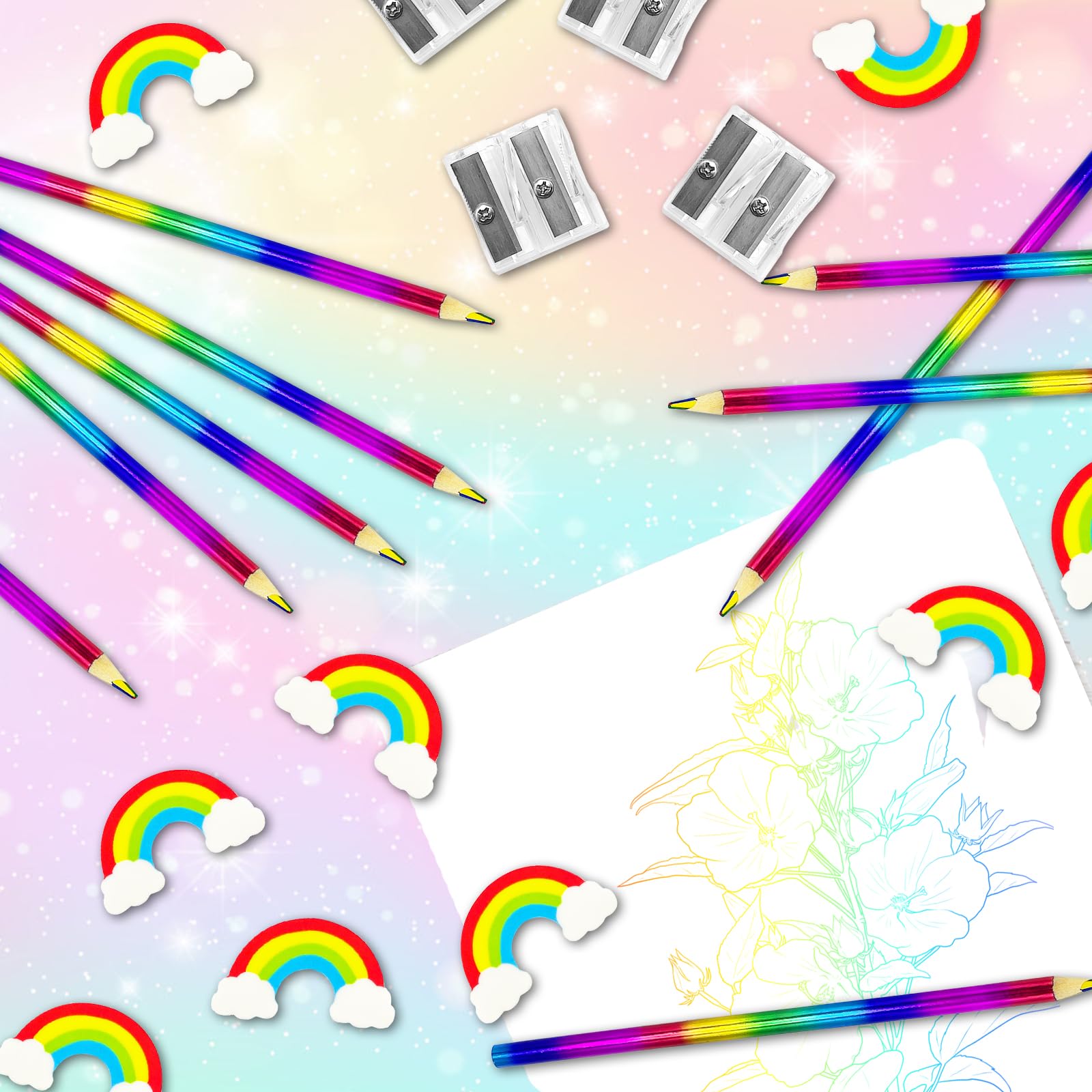 Lot Crayons Arc-en-ciel – 12 Crayons + 12 Gommes + 12 Sacs Cadeaux – Idéal Pour Enfants