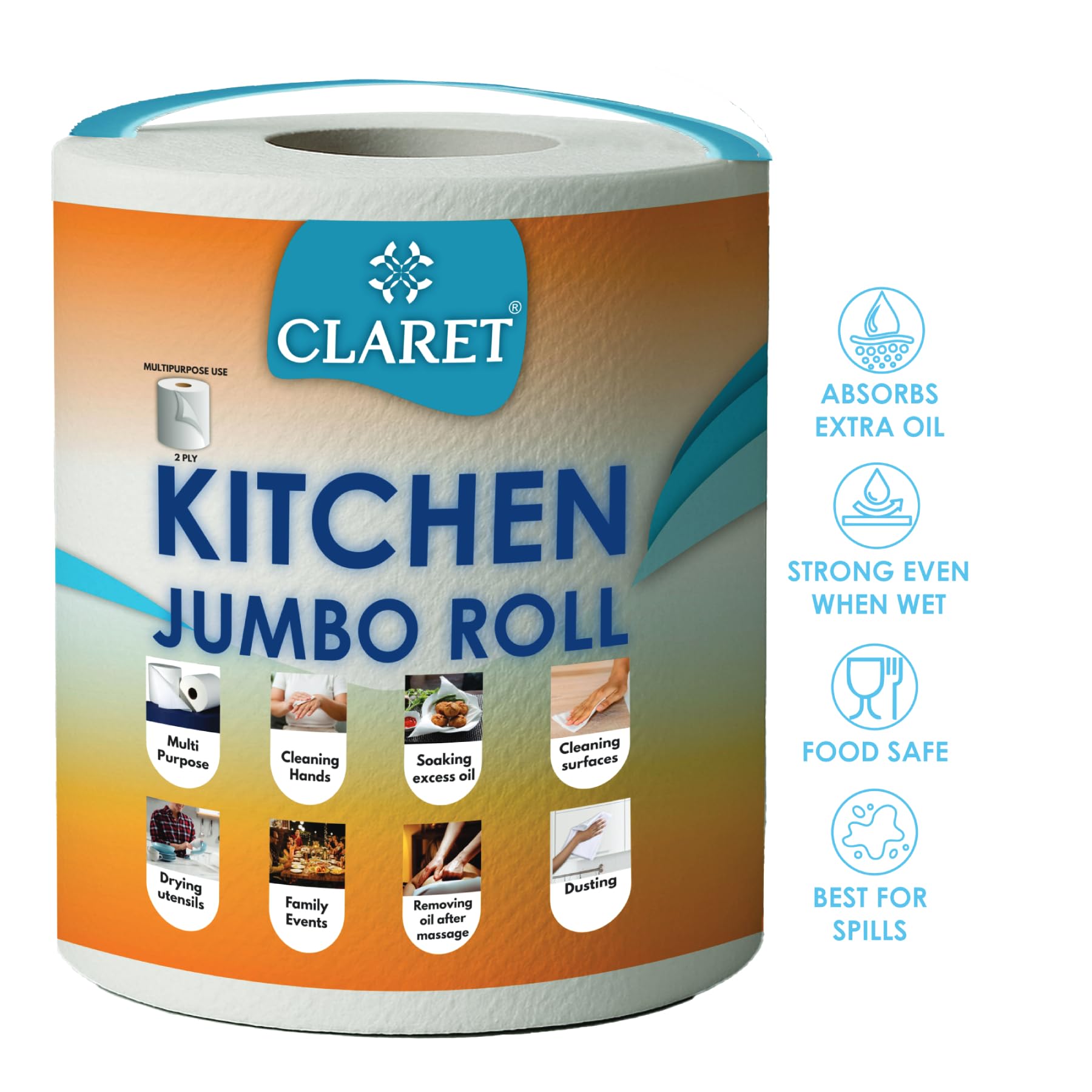 Claret Kitchen Jumbo Towel Tissue Paper Roll Napkin 300 Pulls Each Roll | Soft & Highly Absorbent | 100% Natural | 2 Ply | Pack of 2 Roll | Ideal For Cleaning Kitchen Accesssories Microwave & OTG - Image 5 thumbnail