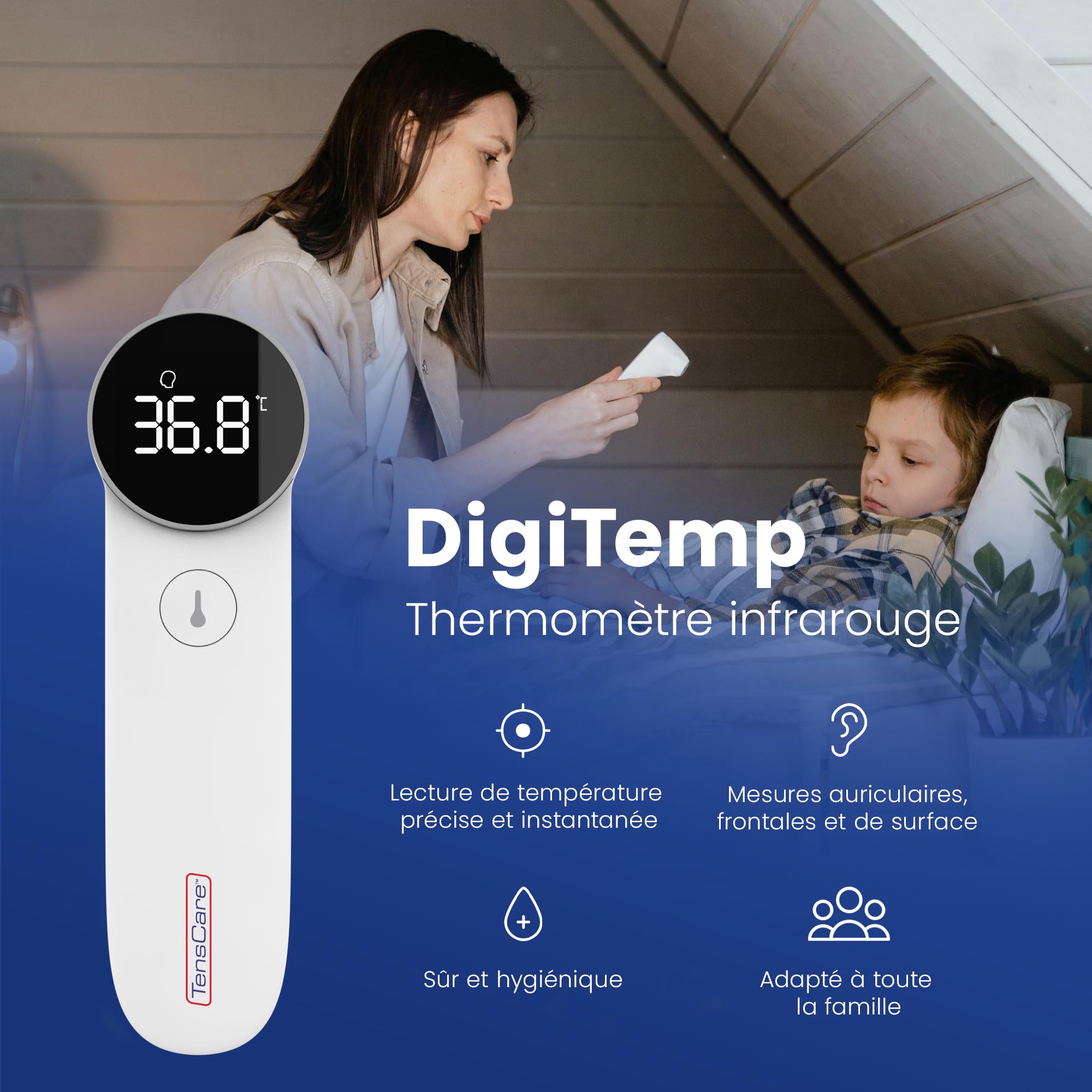 TensCare DigiTemp Wielofunkcyjny termometr na podczerwień dla dzieci, dorosłych i przedmiotów, dokładny i szybki, wyświetlacz LED, funkcja pamięci, bezpieczny, higieniczny, z przełącznikiem