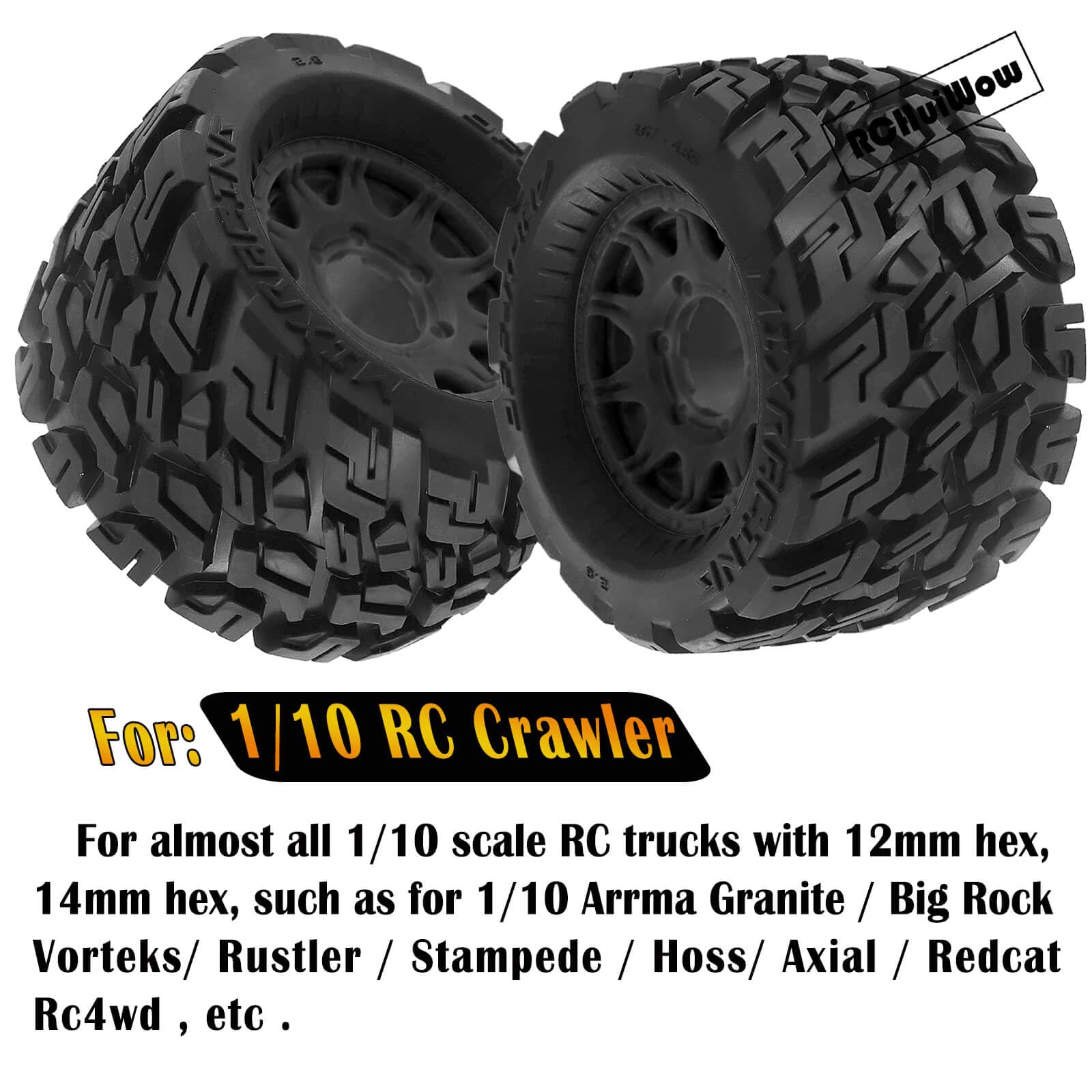 RCHuiWow RC Tires for 1/10 Stampede Rustler Hoss,1/10 Arrma Granite Vorteks Big Rock,1/10 Axial Losi Redcat Rc4wd,12mm/14mm Hex Rc Truck Wheel and Tires,4Pack(Black)