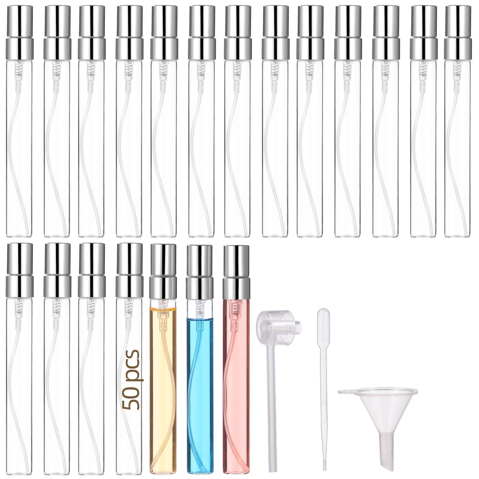 50 Stk. 10 ml Sprühflaschen, Mini Klare Glas Parfümflaschen mit Tropfer, Trichter, Transferwerkzeug, Tragbare Nachfüllbare Sprühbehälter, Feiner Nebel Leere Ätherische Öl Flaschen für Zuhause Reisen