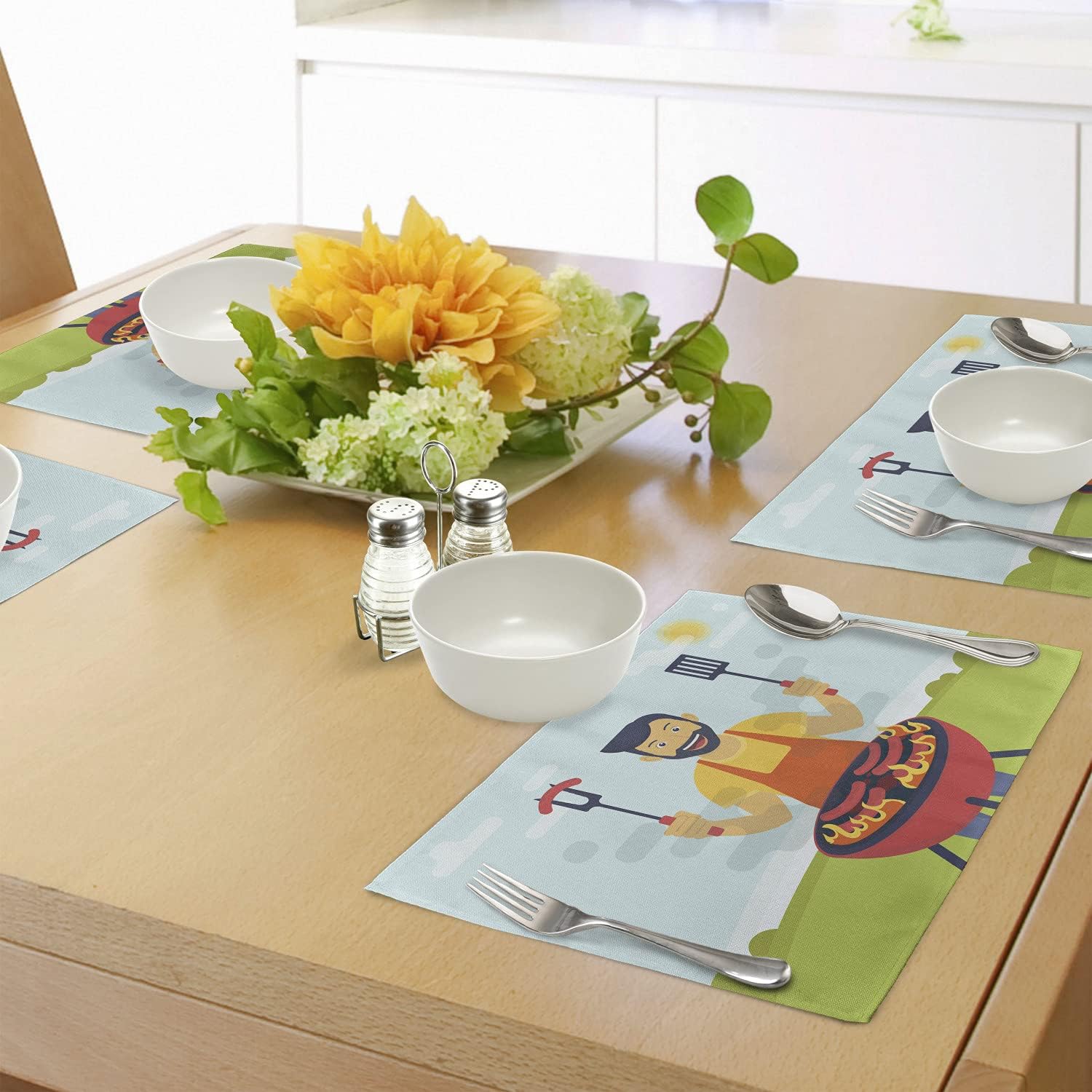 Lunarable BBQ Party Place Mats Set of 4, Smiling Happy Man Grilling Sausages Outdoor Cooking Themed Cartoon BBQ Party, Washable Fabric Placemats for Dining Room Kitchen Table Decor, Multicolor