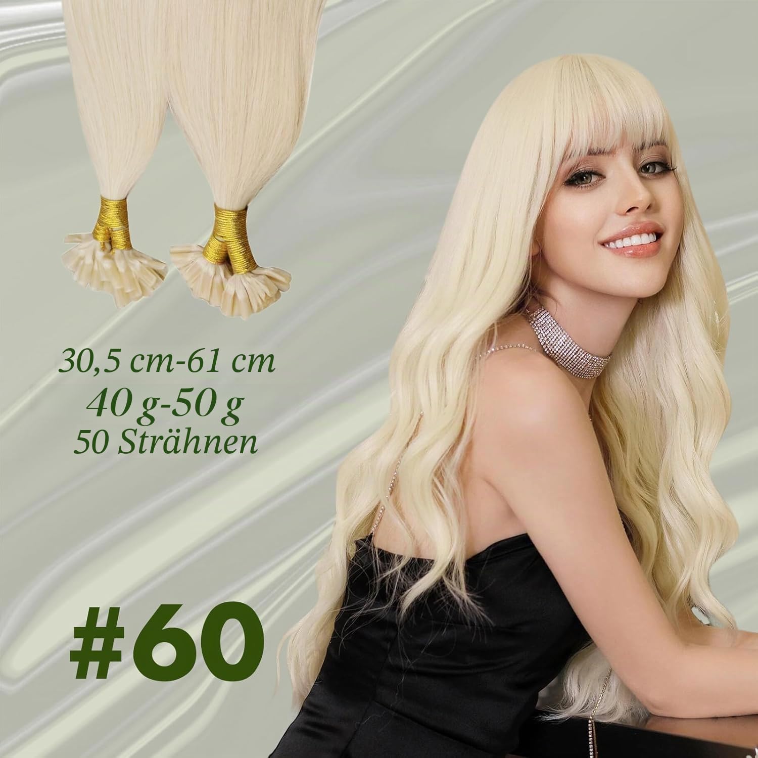 RUNATURE Bonding Extensions Echthaar 60cm Blond Extensions Echthaar Bondings 1g/s Menschliches Haar 50 Strähne Echthaar Extensions Bondings Platinblond Haarextensions #60