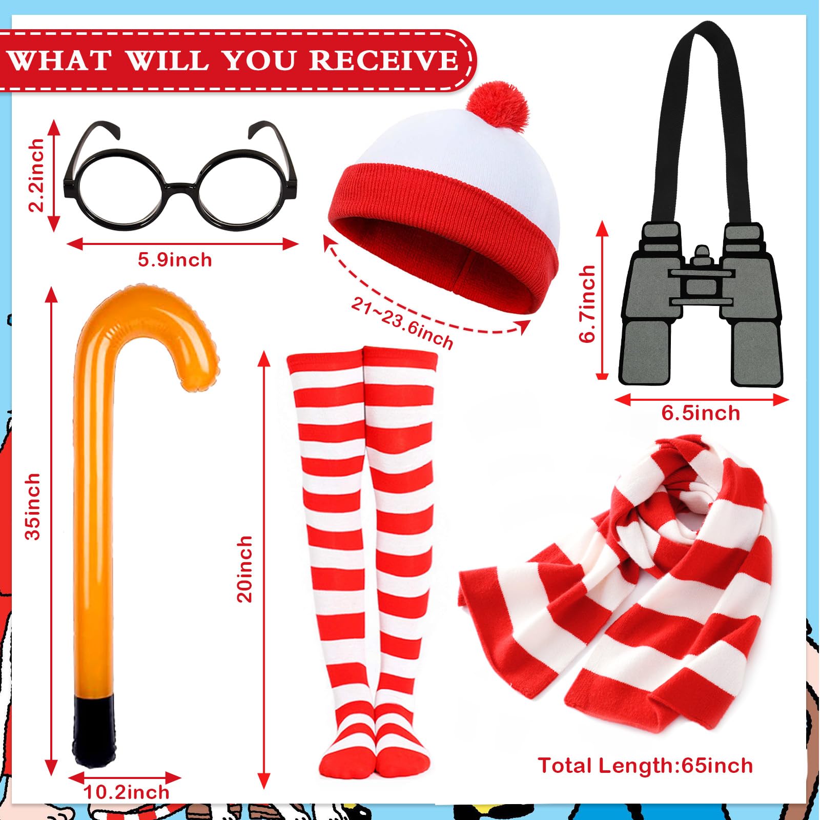 UxClishe Wally Costume Set for Adult Red and White Striped Accessories Set Wally Character Cosplay Costume Book Week Fancy Dress with T-shirt Beanie Hat Glasses Scarf for Halloween Dress Up-Women S - Image 3