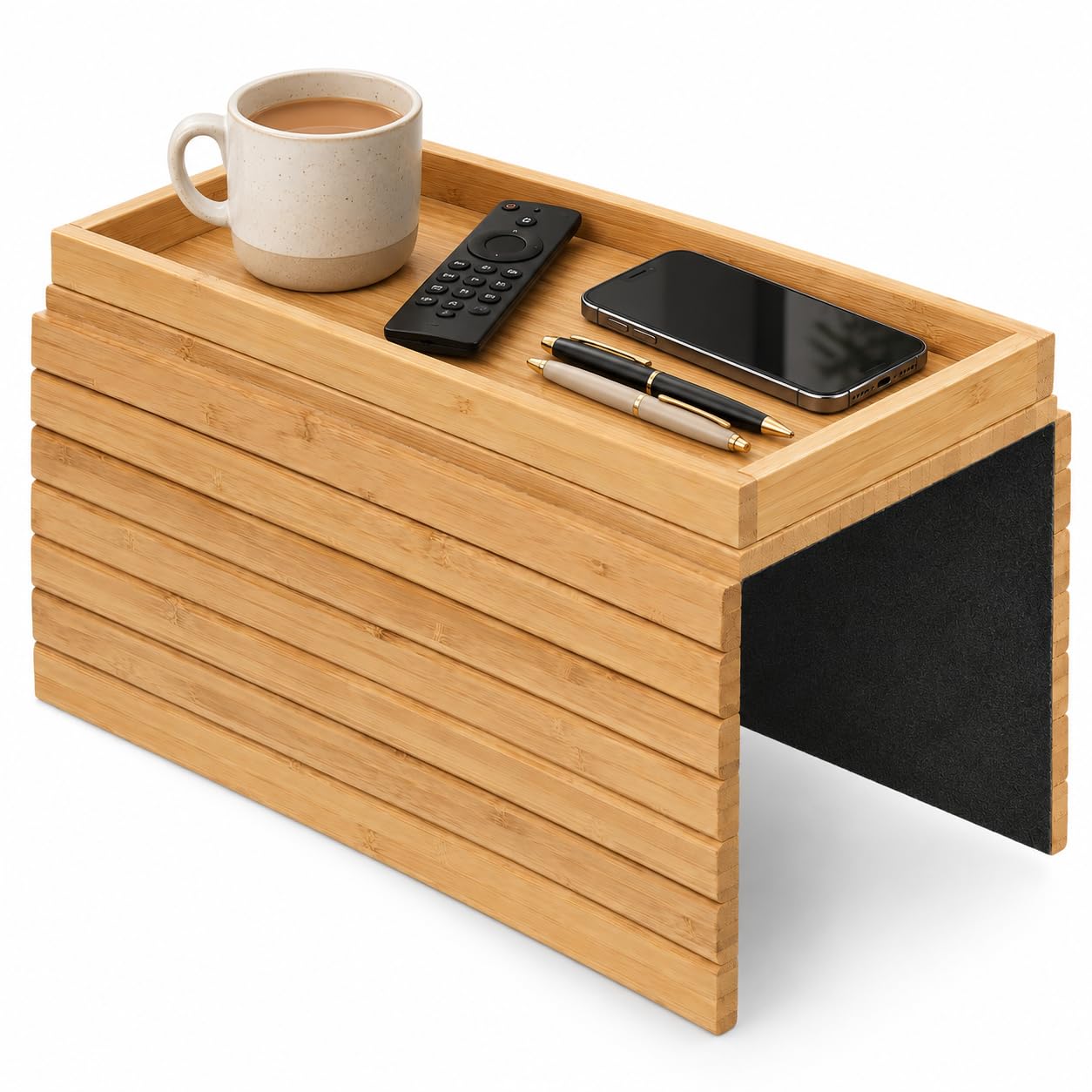 Bamboo Sofa Arm Tray, Foldable Couch Armrest Table & Remote Control Holder | Couch Roll Armchair Caddy with Raised Edge for Drinks, Phones & Remotes - Wooden Armrest Tray and Couch Cup Holder Side Table